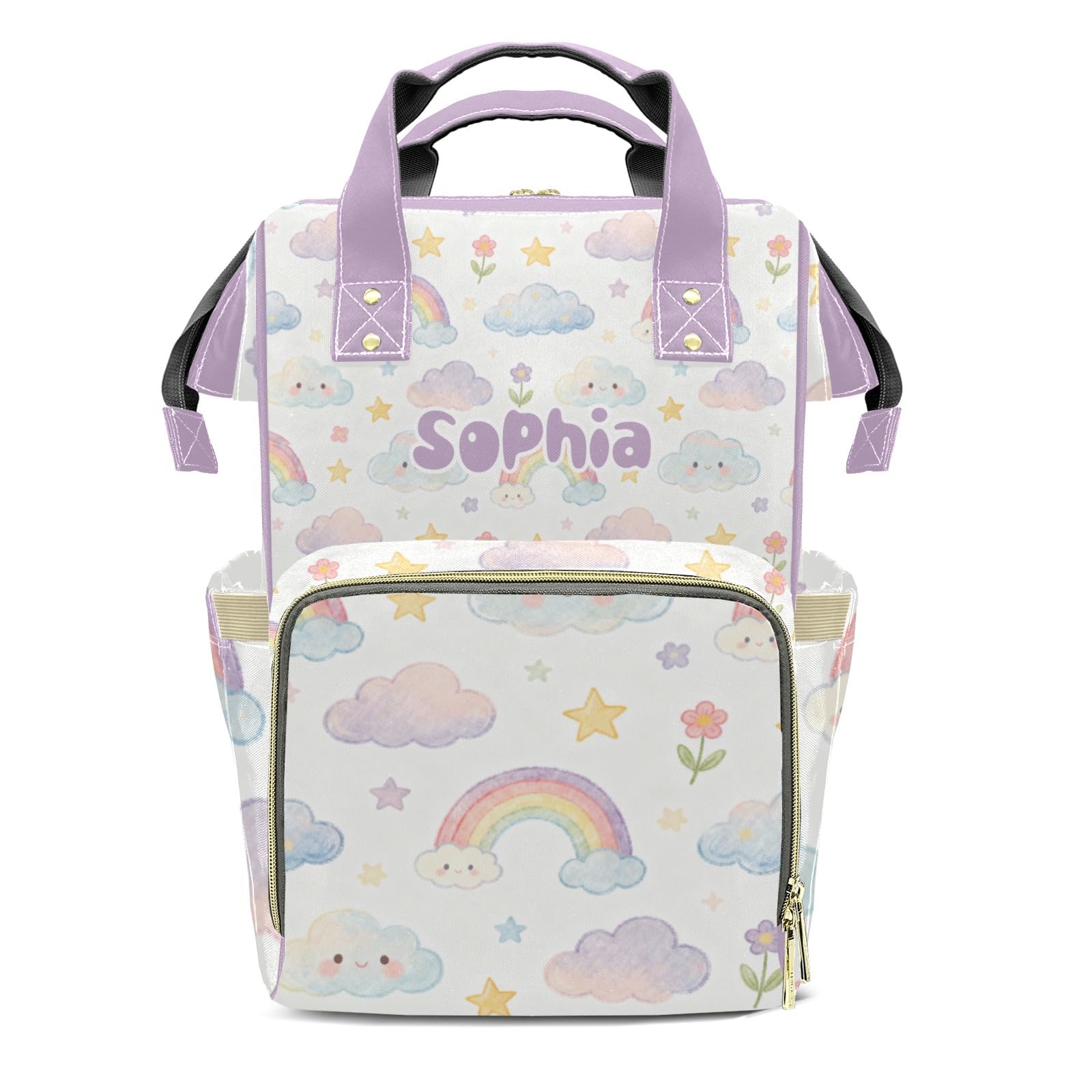 Personalized Diaper Bag Backpack Name Watercolor Rainbow Cloud Clear Up Clutter: Big Capacity Waterproof Bag with Extra Compartments