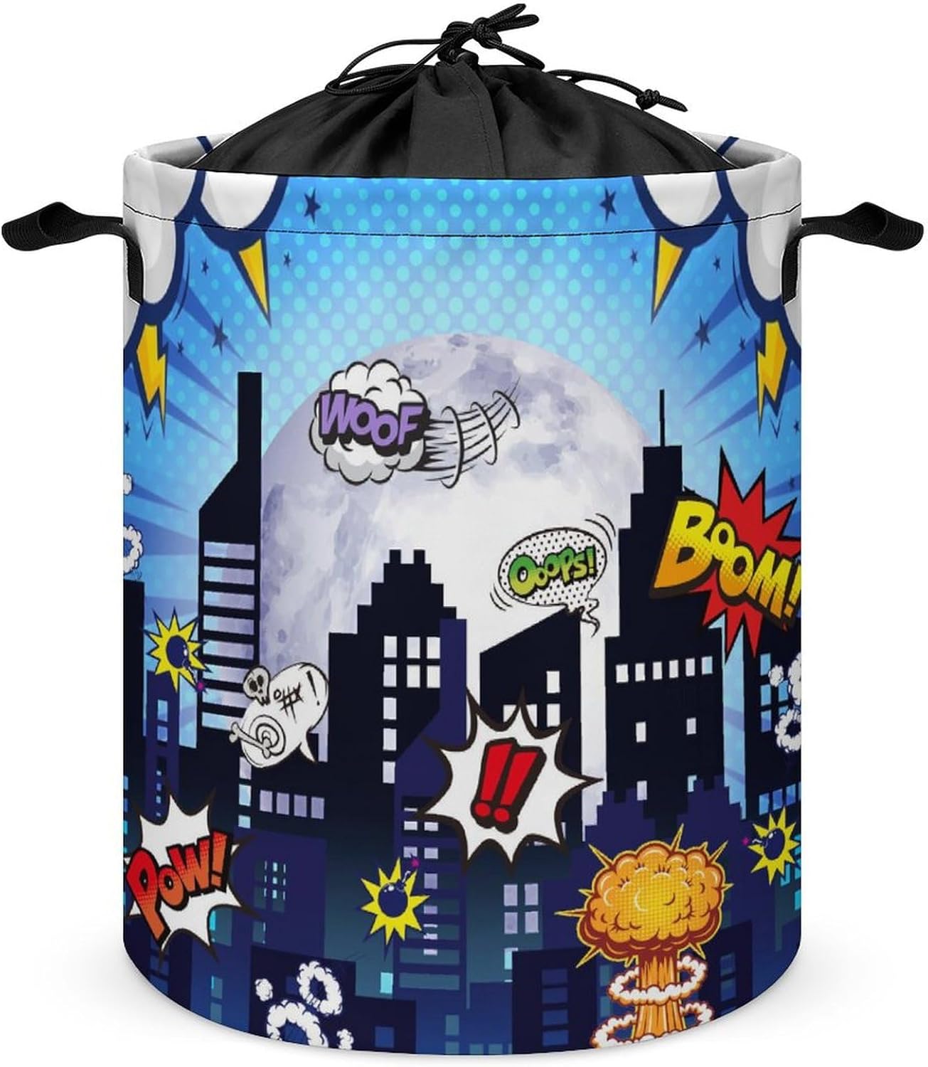 Brebasf Funny City Theme Freestanding Laundry Hamper,Cartoon Boys Room Decor City Nights Comic Style Drawstring Portable Large Volume Laundry Basket-13.8W X13.8L X17.3H IN