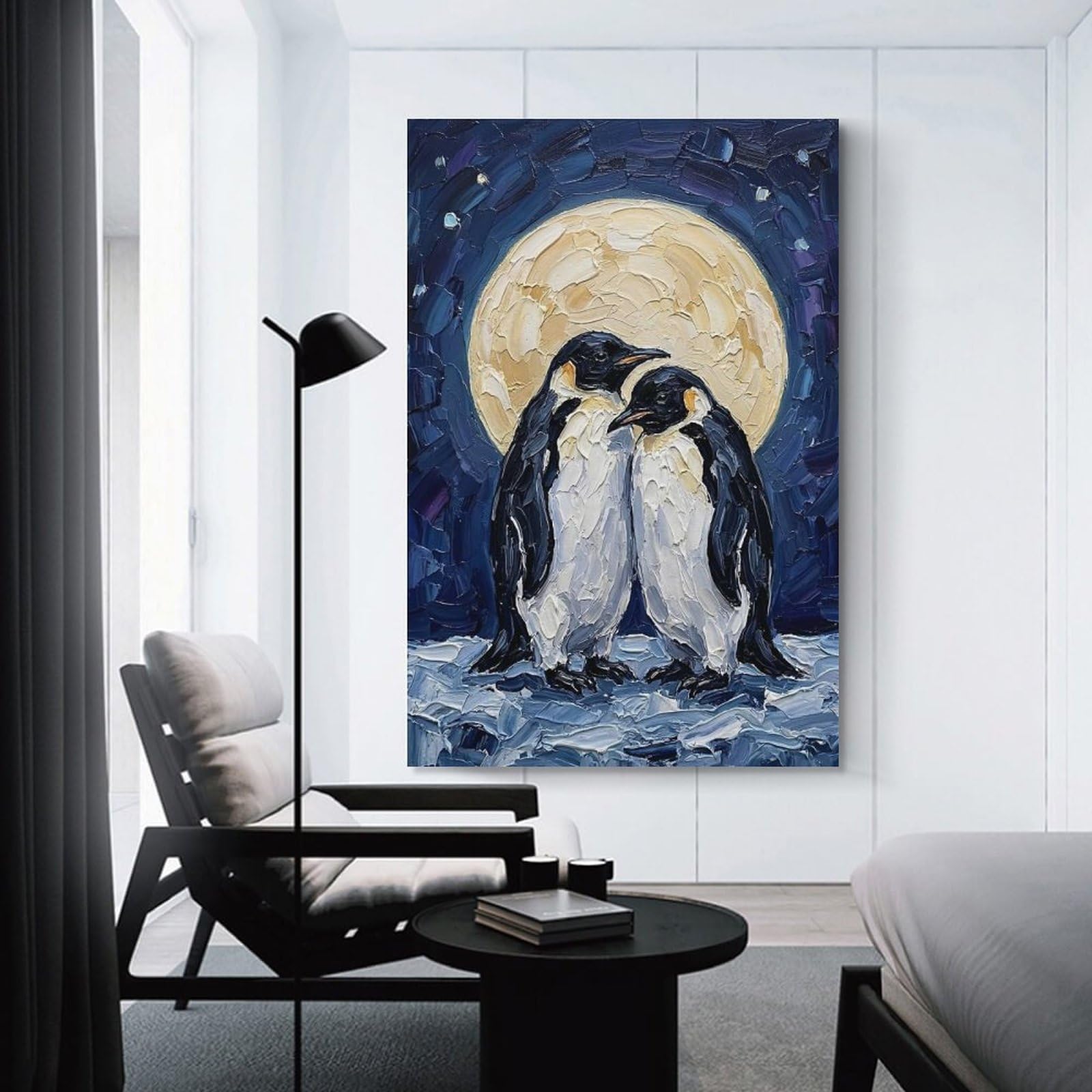 Junmoney Penguins Under The Full Moon Room Decor Wall Art, 20x30inch(50x75cm), for Living Room, Lounge Or Sitting Room, A Home Accent with Warm Character