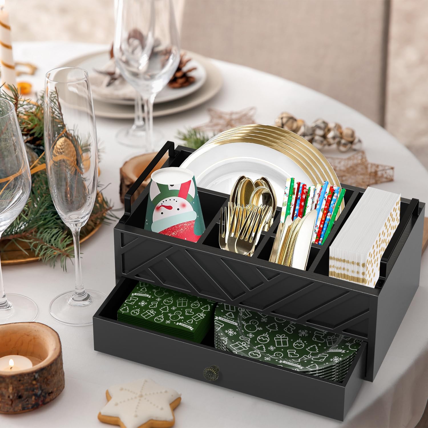 Pappteller-Spender mit Schublade für Küchenarbeitsplatte, Holz-Pappteller-Halter mit großem Getränkehalter, rustikaler Besteck-Caddy-Halter für Besteck, Pappteller-Organizer (schwarz mit Gravur)