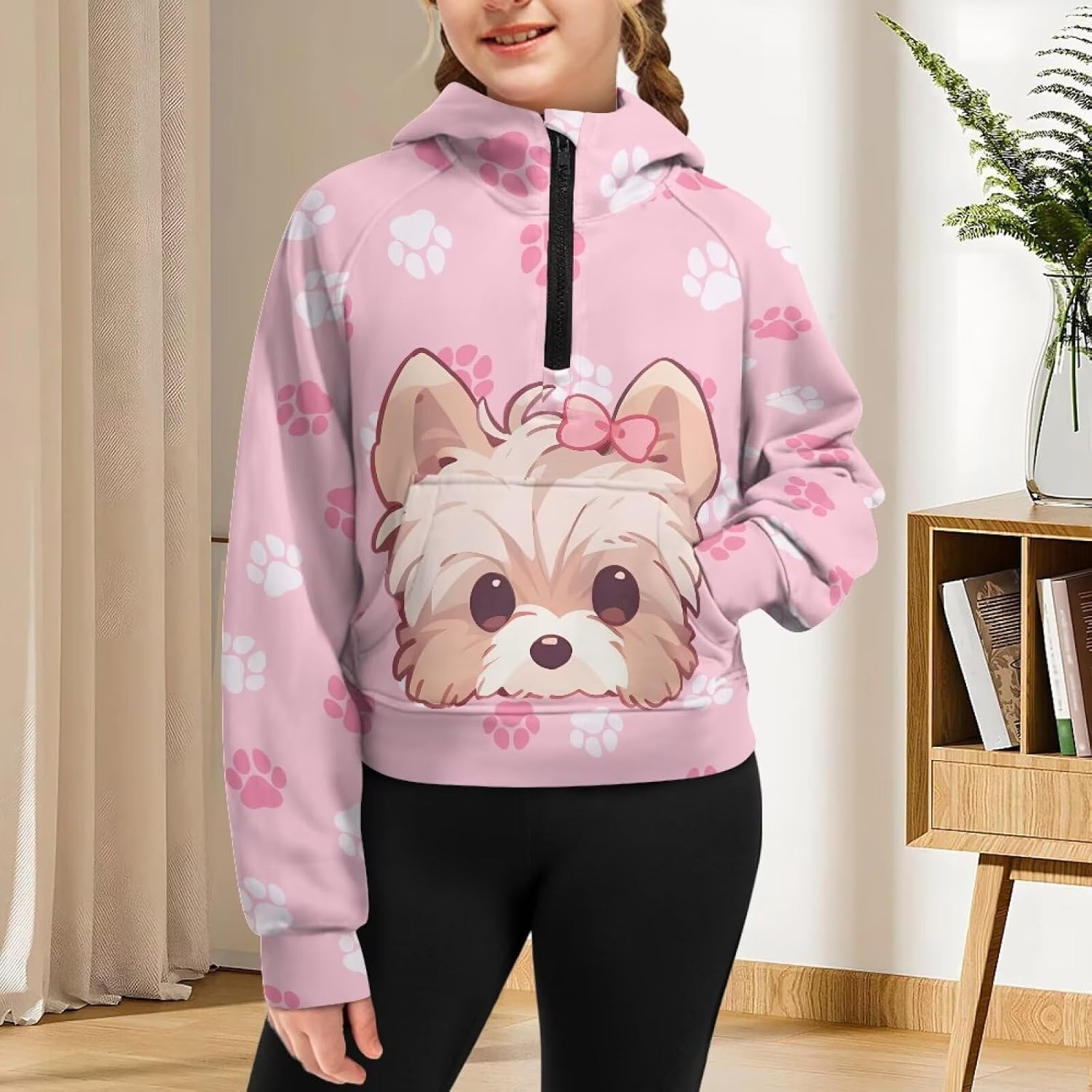 AFPANQZ Girls Half Zip Sweatshirt Hooded Pullover for 5-14 Years Casual Long Sleeve Tops Fall Winter Clothes