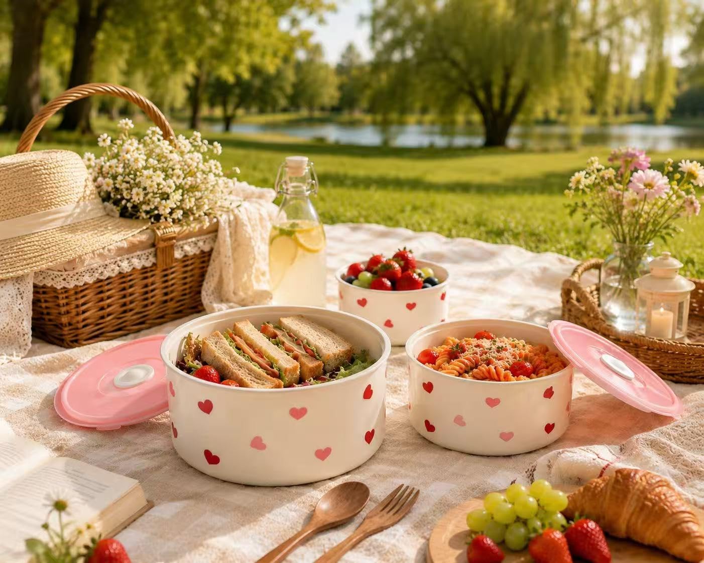 Lunch box in Ceramica, Portapranzo Rotondo con Coperchio, Set da 3 pezzi in bianco, ermetico e antigoccia, Adatto per vari alimenti, frutta e dolci, ideale per scuola, ufficio, picnic, brevi viaggi