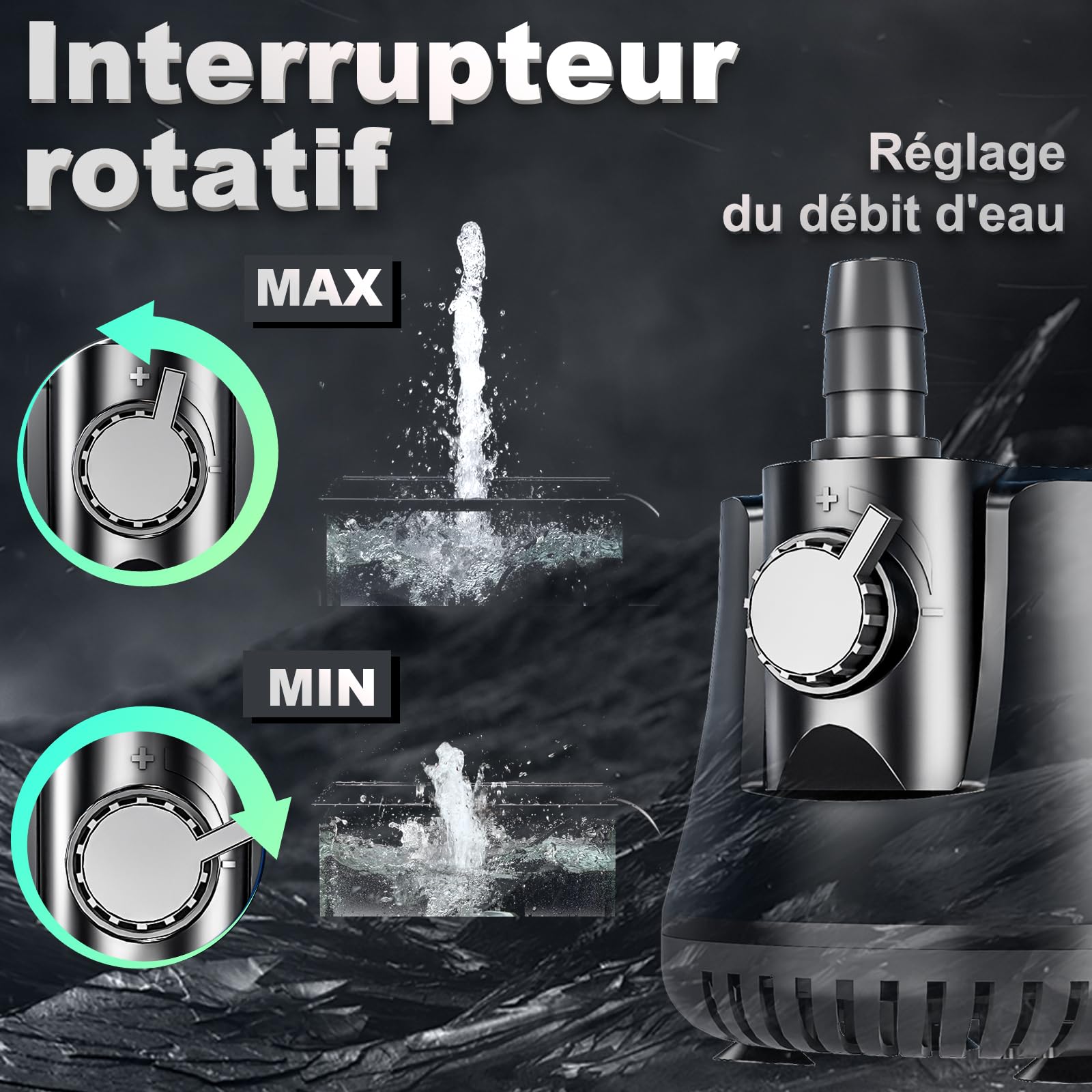 Knifel Pompe à Eau Submersible 60W 3500L/H Ultra Silencieuse | Absorption d'Eau à 360°, Avec Interrupteur Réglable, Câble de 1.5m, pour Étang, Aquarium, Hydroponie et Fontaine