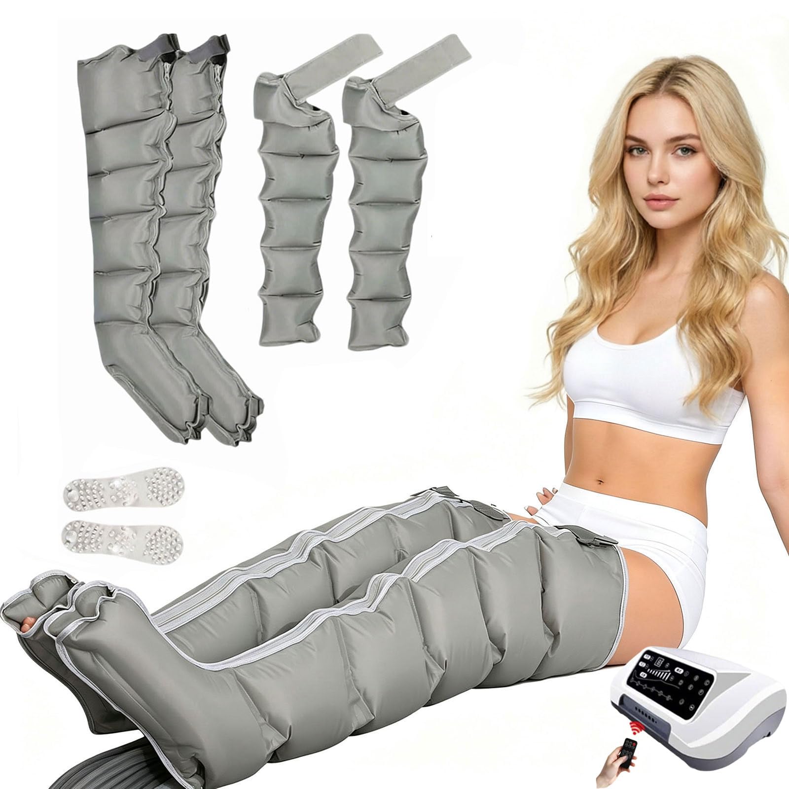 Presoterapia para Casa, Botas de Presoterapia Piernas y Abdomen Brazo, Máquina de Masaje de Compresión de Aire 6 Cámaras, Control Remoto 0-60 Min 0-240 MmHg, Mejora Circulación