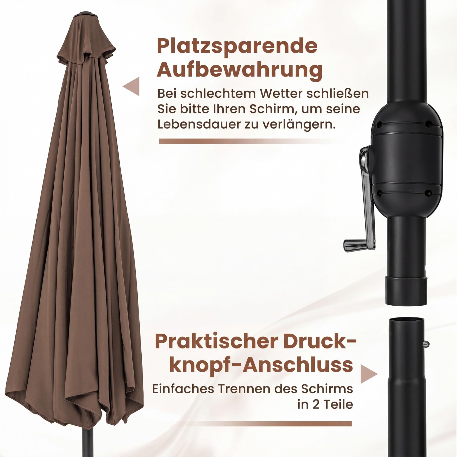 RELAX4LIFE Sonnenschirm 350 cm, großer Gartenschirm mit Kurbel, Terrassenschirm mit 8 Rippen, Balkonschirm UV Schutz, Marktschirm wasserabweisend, Kurbelschirm für Garten, Terrasse, Pool (Braun)