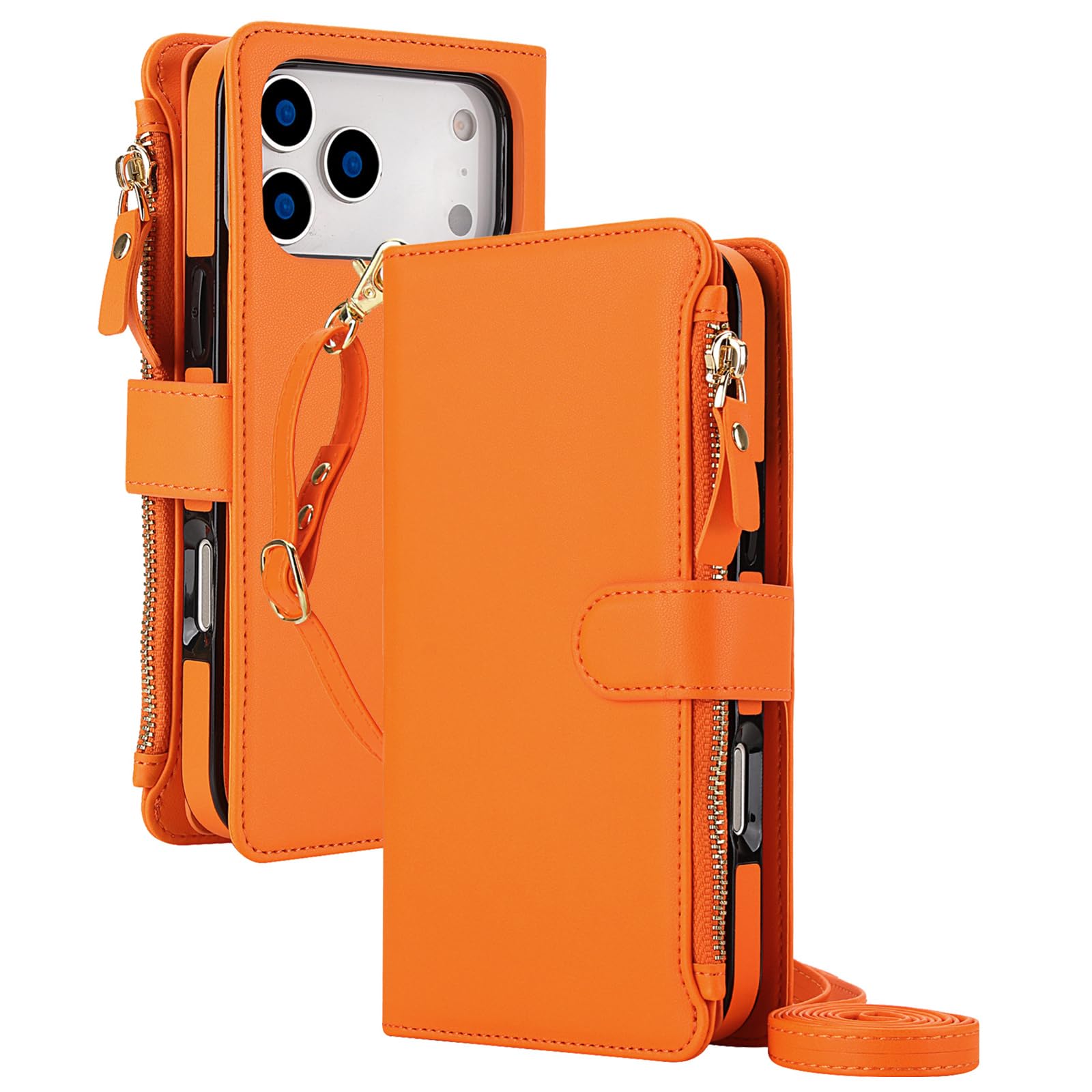 Mfaoshi Orange Magnetic Case For Iphone 17 Pro Max/17 Pro/17 Air/17, Detachable High-Capacity Zipper Wallet Cover With Kickstand Function Leather Case,,17 Air