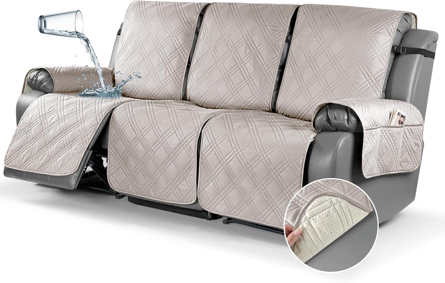 TAOCOCO 100% Waterproof Recliner Sofa Cover, Non Slip Split Couch Covers for Reclining Couches with Elastic Straps, Washable Reclining Sofa Cover Furniture Protector for Kids Pets(3 Seater, Cream)