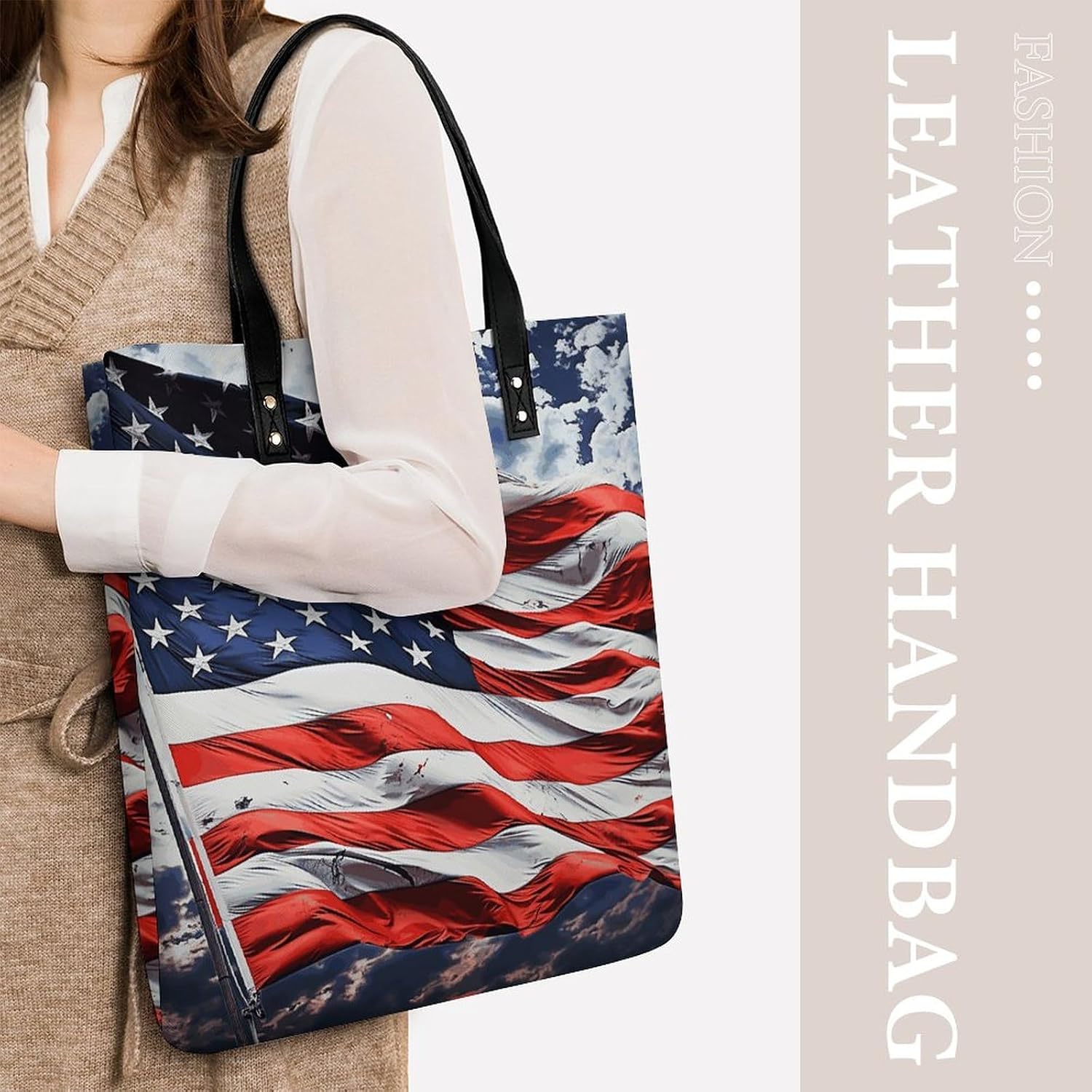 US Flag Tote Bag with Magnetic Buckle Reusable Grocery Bags Lightweight Cross Body Handbag for Daily Essentials