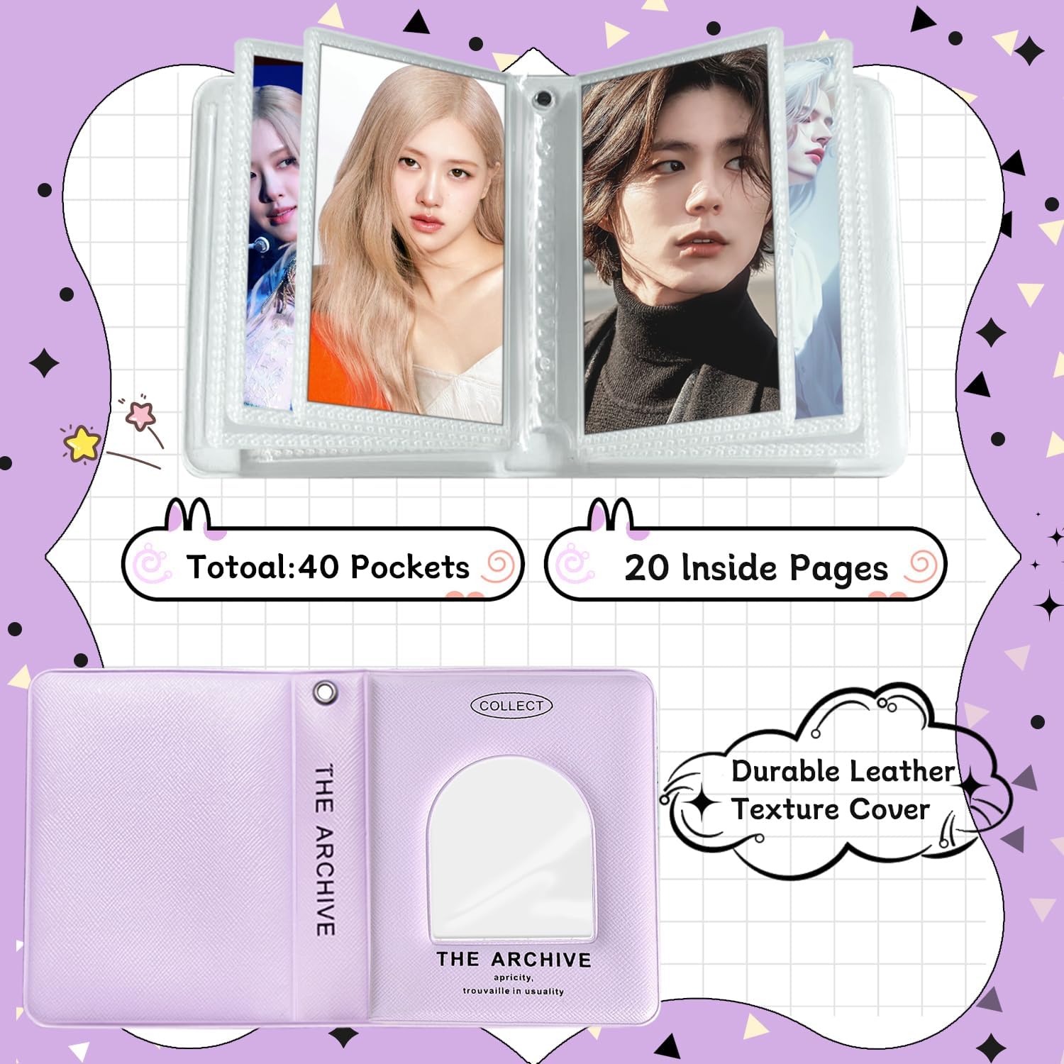3 Inch Kpop Photocard Binder, 40 Pockets Portable Photocard Holder Book Mini Photo K-pop Album, Window Hollow Kpop Binder Collector Book Photo Card Holder Album with Lovely Pendant (Leather Cover)