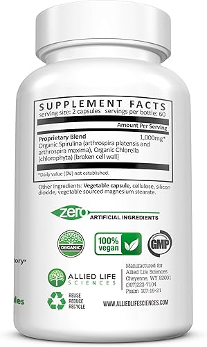Miniatura 5 de Allied Life espirulina y clorela. Cápsulas de proteínas en polvo de clorofila veganas y orgánicas 120 cápsulas