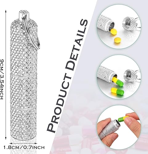 Miniatura 2 de Pastillero portátil para llavero con diamantes de imitación, pequeño con purpurina, impermeable, con brillantina, de aluminio, reutilizable, para