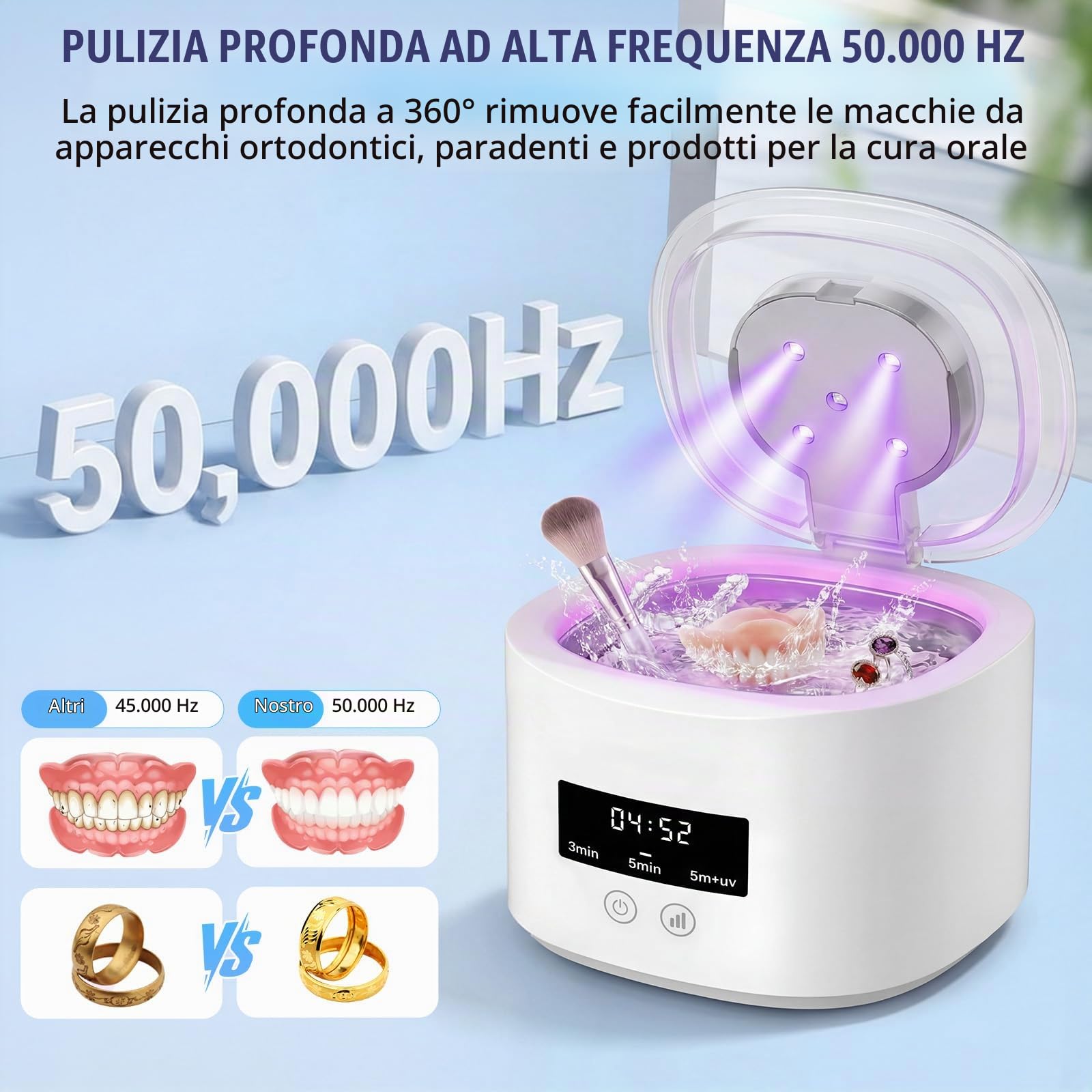 Pulitore Ultrasuoni 50000Hz, Pulitori Ultrasuoni, Ricaricabile Lampada UV Ultrasonic Cleaner, 380ml, 3 Modalità per Apparecchi Ortodontici, per Protesi, Allineatori, Testine Di Spazzolini, Gioielli