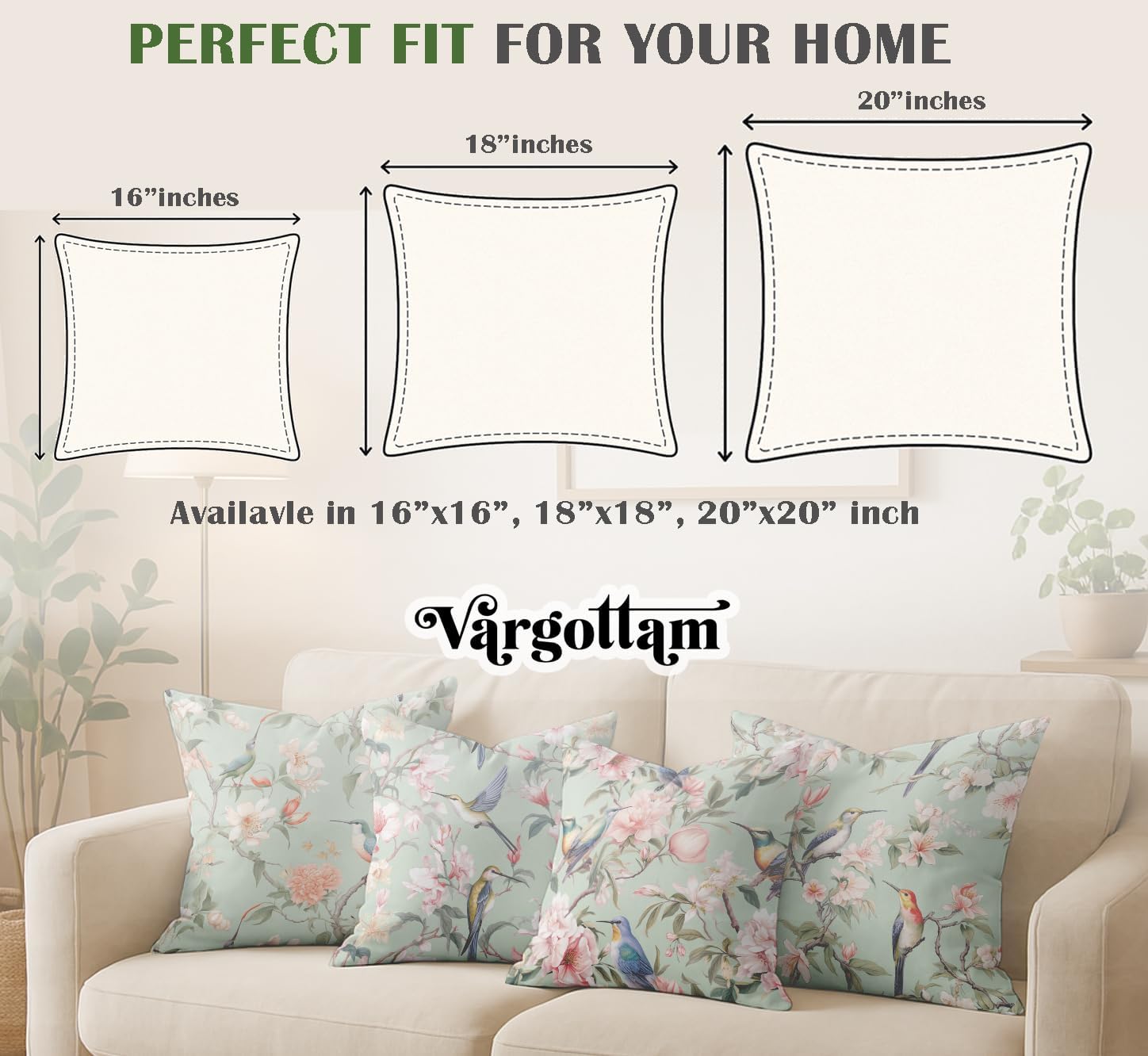 Cotton Cushion Covers Set of 4-16x16 Inch, Bird Print, Double-Sided Printed Throw Pillow Covers with Hidden Zipper - No Filler - Green