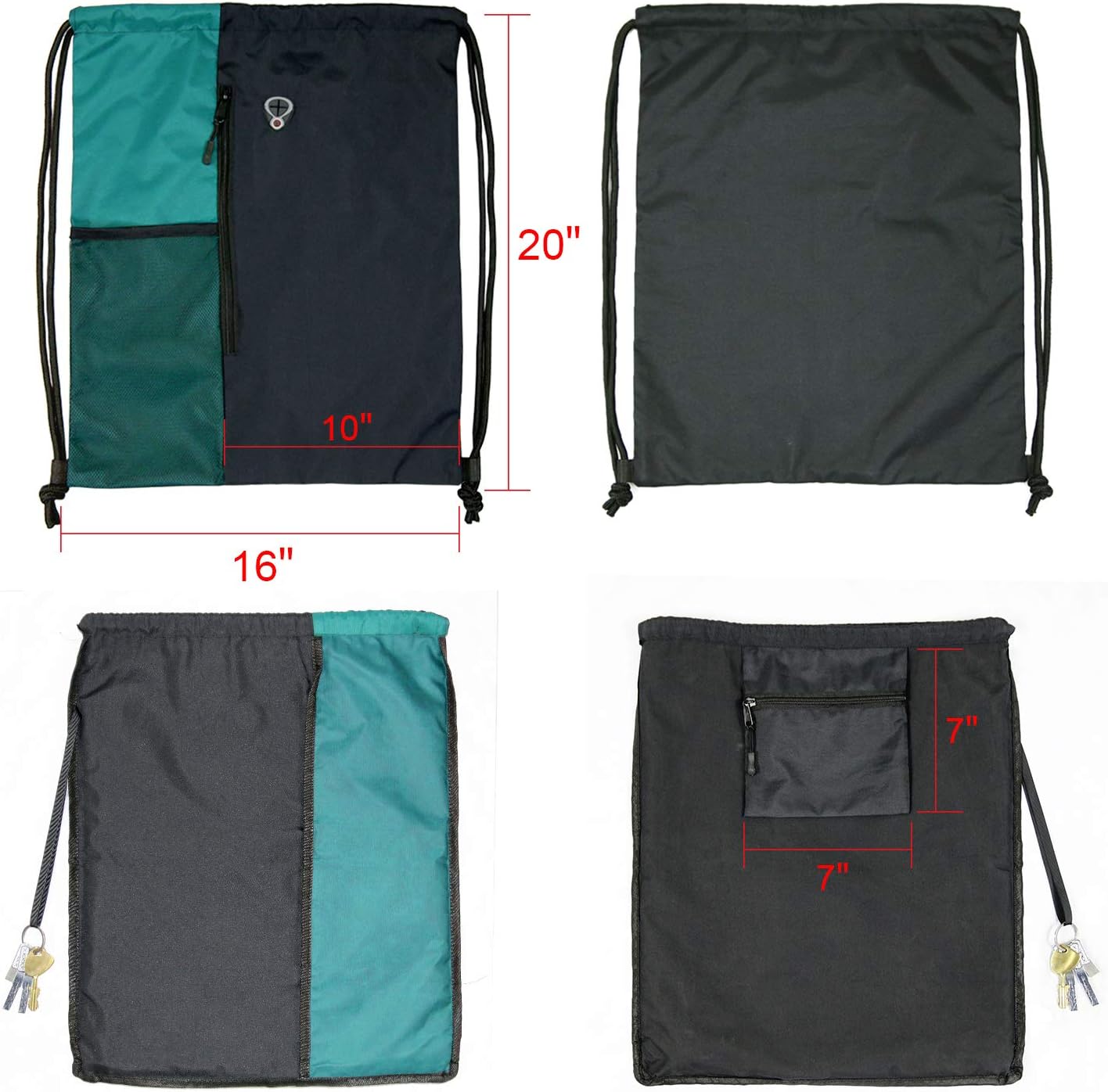Drawstring Backpack Sports Gym Bag for Women Men Large Lightweight Backpack with Zipper and Water Bottle Mesh Pockets (Black/Teal)