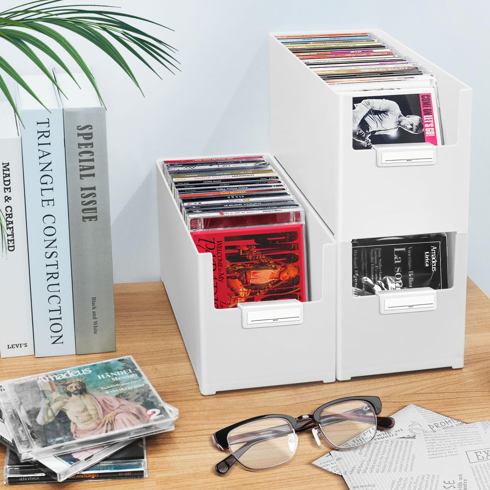 Scatola portaoggetti per CD, impilabile, in plastica, può contenere fino a 25 CD, custodia per scrivania e mensola