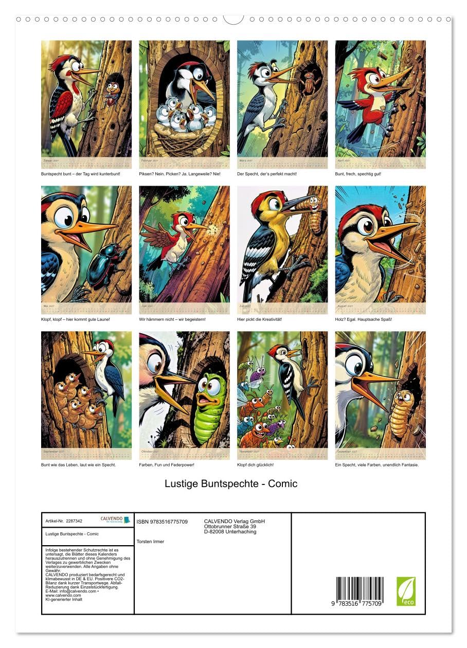 Lustige Buntspechte - Comic (hochwertiger Premium Wandkalender 2027 DIN A2 hoch), Kunstdruck in Hochglanz: Ob sie gerade fröhlich auf Bäumen trommeln, ... garantiert für gute Laune. (CALVENDO Spass)