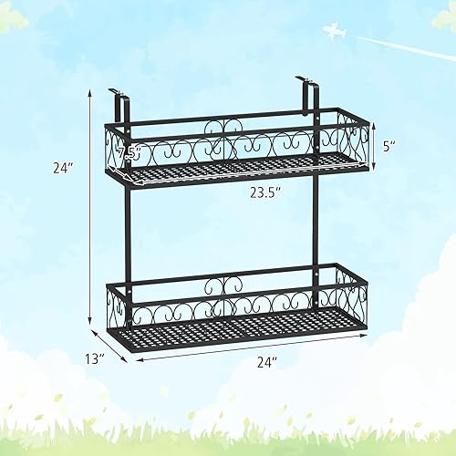 Miniatura 7 de LDAILY Estante colgante de 2 niveles, soporte para macetas colgantes con ganchos ajustables, estante de cesta de barandilla, contenedor de metal