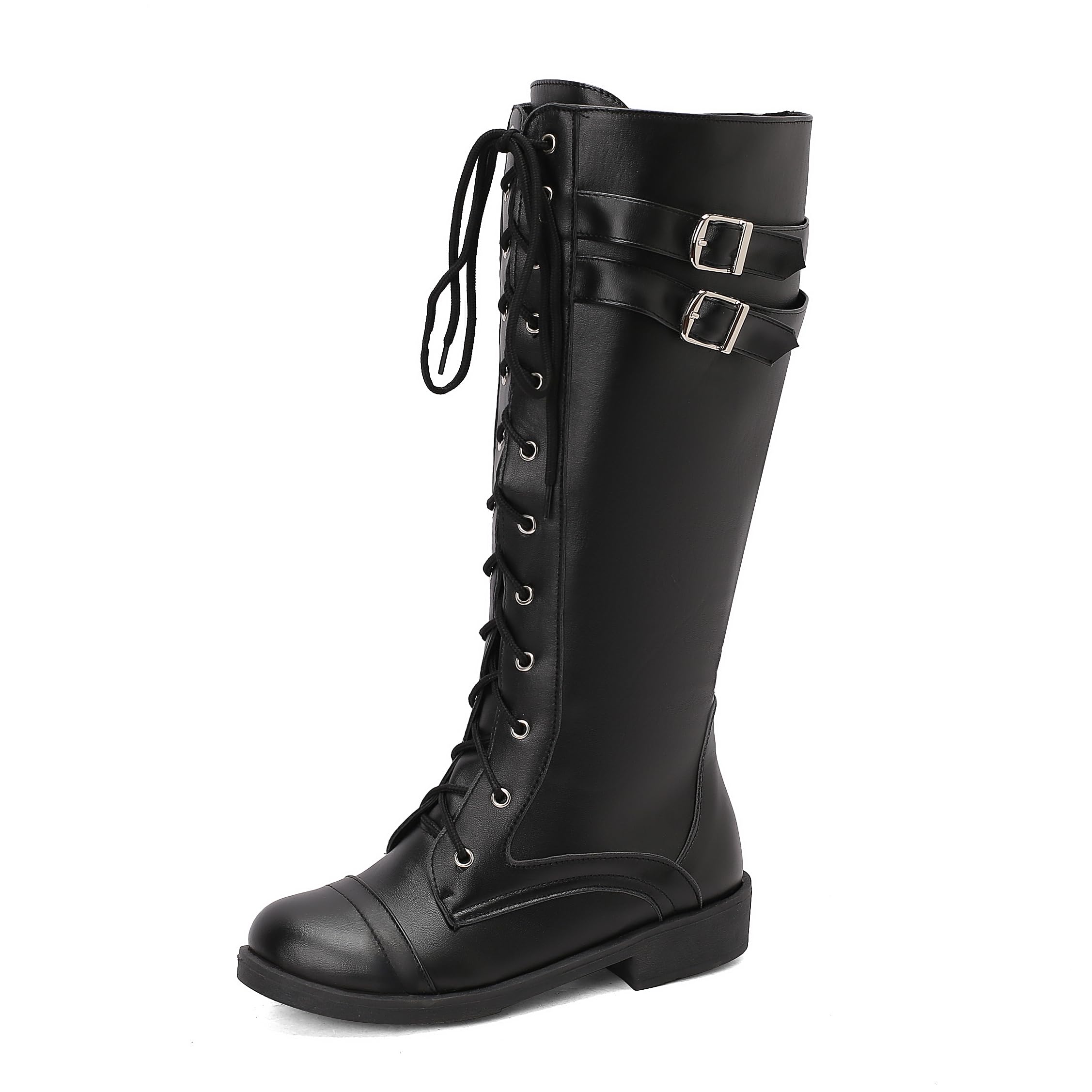 BEAUPAS Womens Knee High Combat Boots Lace-up Military Boots Double Buckle Straps Faux Leather