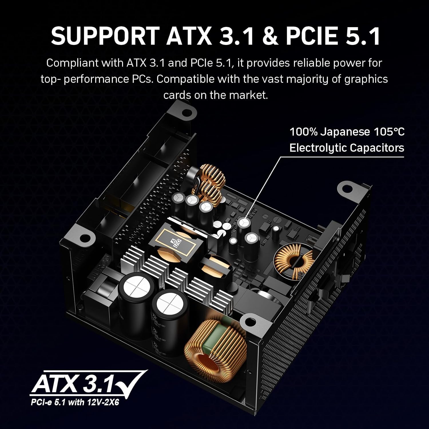 1000W Fully Modular Power Supply 80+ Gold Certified with 12V-2x6 Cable – ATX 3.1 & PCIe 5.1 Compliant, 140mm RGB Low-Noise Smart Fan, 105℃-Rated Capacitors, Black