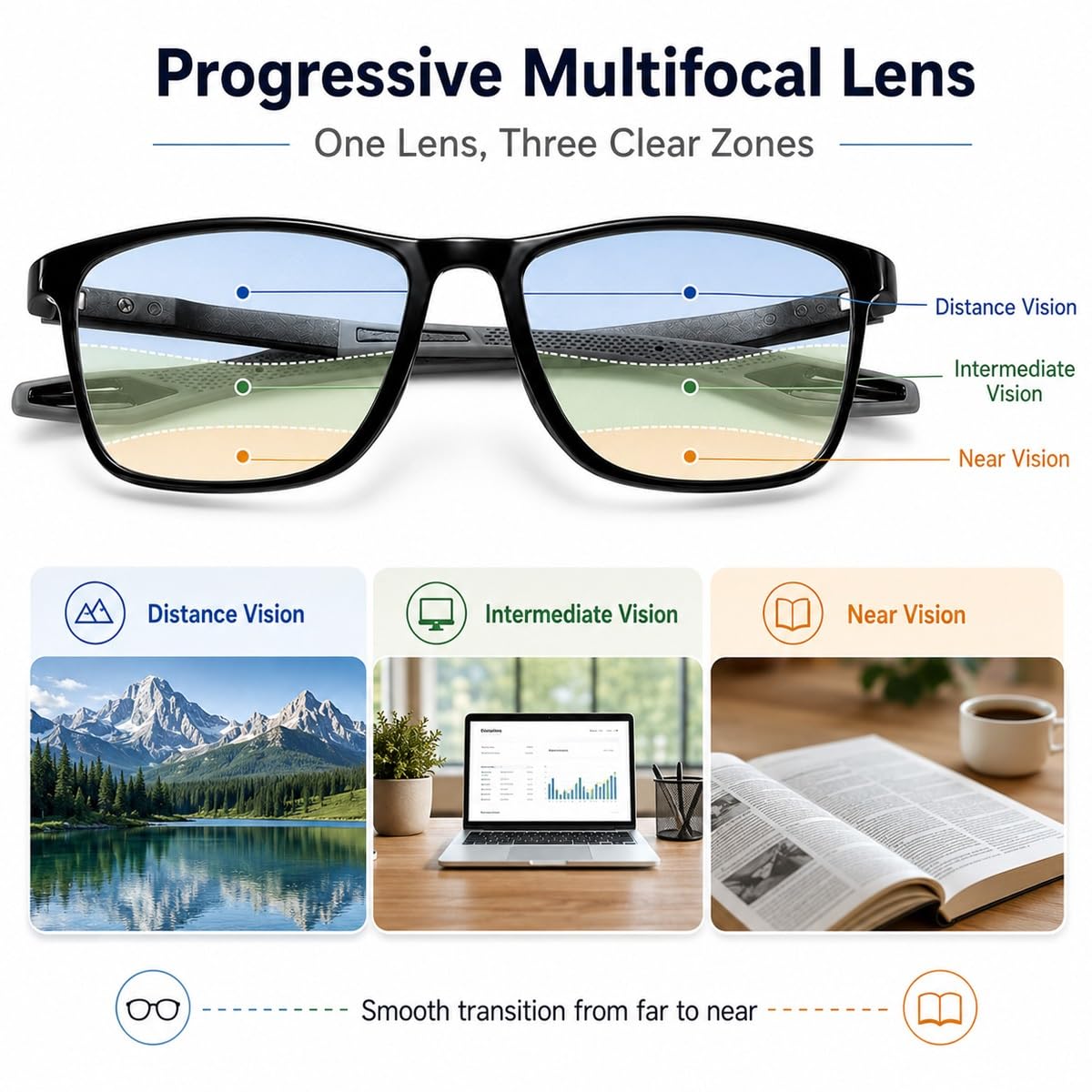 Generisch 3er-Pack Photochrome Progressive Lesebrillen Damen Herren, Multifokale Blaulichtfilter Lesehilfe, UV400 Schutz, leichte TR90 Brille