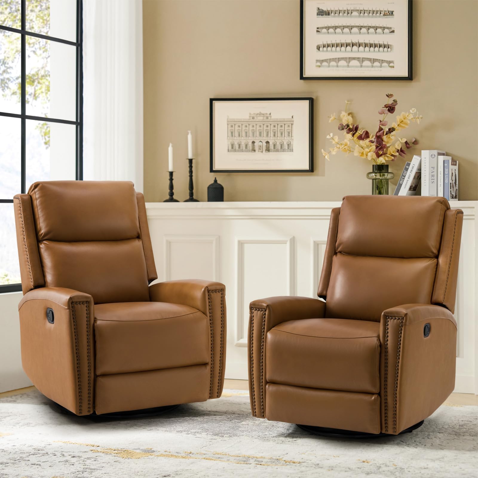 Genuine Leather Swivel Rocker Recliners Set of 2, Manual Glider Recliner Chairs with Adjustable Backrest & Footrest, Camel