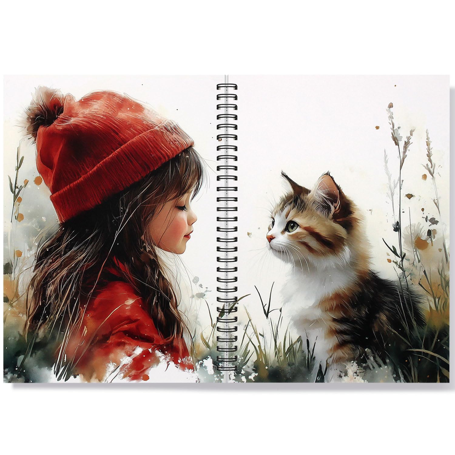 Zaycca Spiral Journal Notebook for Women & Men,B5 Artistic Spiral Notebook: Orange & Black Cat with Little girl with red hat- Botanical Garden Edition
