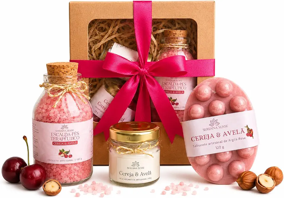 Kit presente SPA Relaxante 3 peças (Vela + Escalda pés + Sabonete Massageador de Cereja & Avelã)