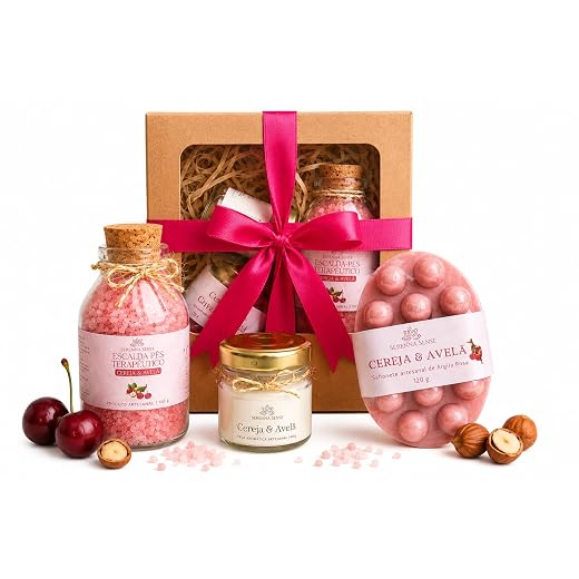 NATURAL AMOR LOS ANGELES Kit De Spa Relaxante Com Rosas Natural Amor Para Mulheres, Presente De Banho Luxuoso Para Ela, Conjunto De 6 Peças Para Banho E Corpo Kit presente SPA Relaxante 3 peças (Vela + Escalda pés + Sabonete Massageador de Cereja & Avelã)