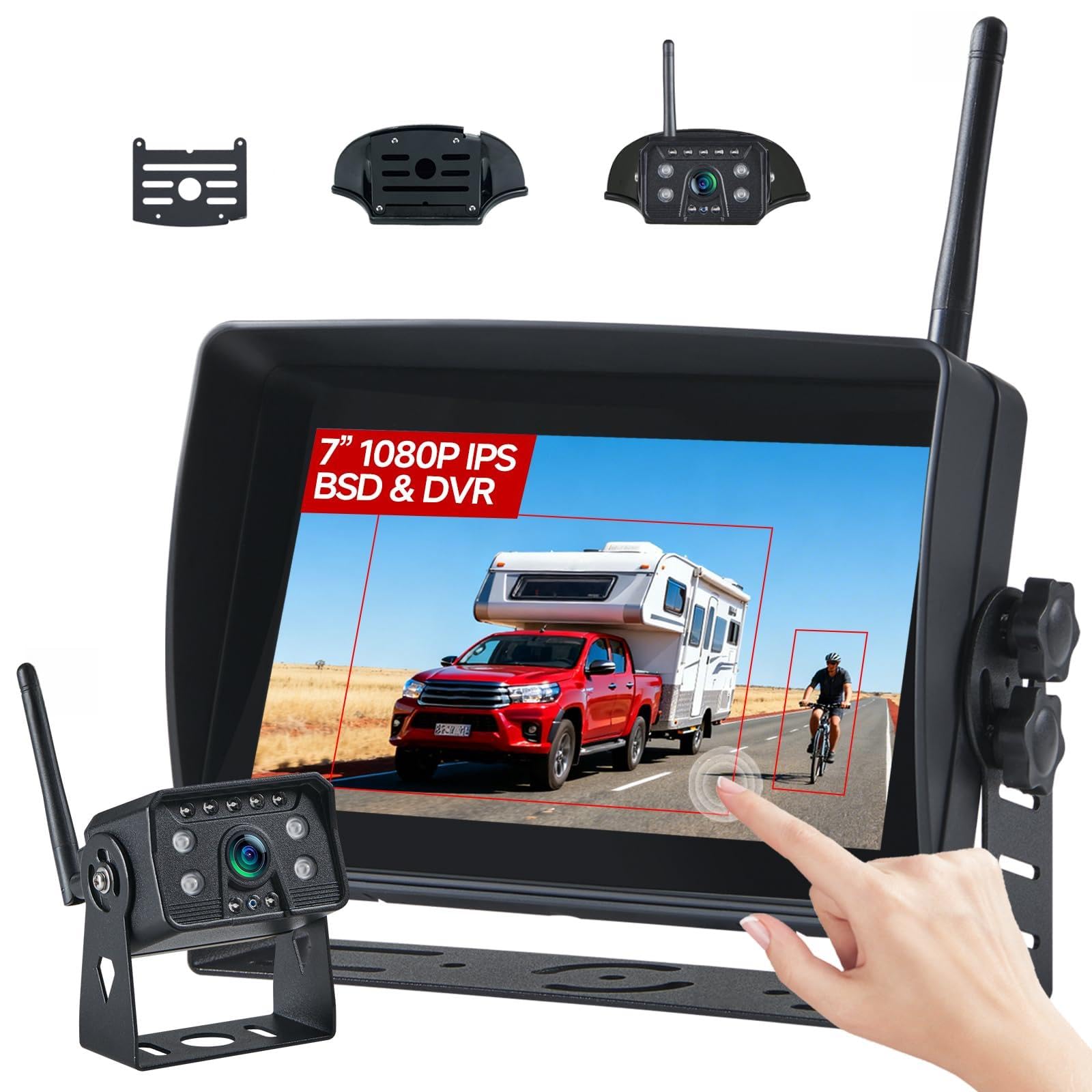 Wireless RV Backup Camera System for Trailer Truck Camper, 7'' HD Touch Screen Monitor with 1080P Rear View Camera, Blind Spot Detection Loop Recording IP69 Waterproof IR Night Vision