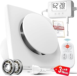 100mm Ventilateur Extracteur d’Air Hygroréglable Thermostatique, Minuterie, VMC Salle de Bain avec Télécommande, Affichage Température Humidité, 3 Vitesses Silencieux Puissant Ventilation P119