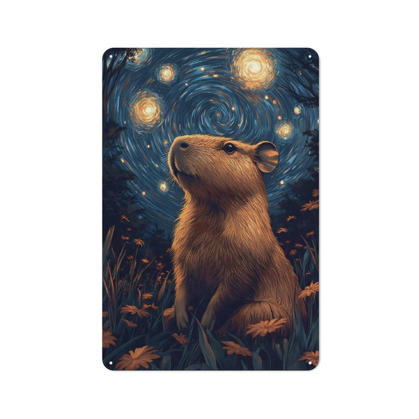 Junmoney Capybara Starry Night Rustic Tin Wall Plaque 30X20cm For Home Office Or Studio, For Garage, Workshop And Man Cave Decoration