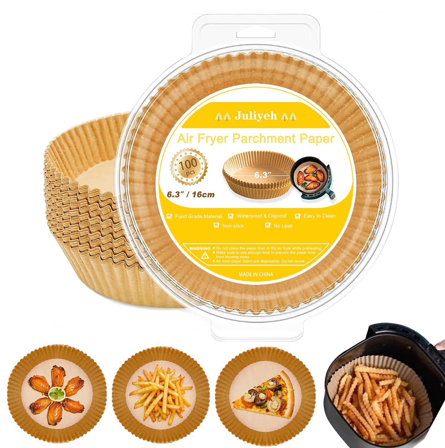 Juliyeh Air Fryer Liners, 100PCS Air Fryer Paper Liners, Paper Liner for Air Fryer, Oil-Proof, Water-Proof, Food Grade Parchment for Baking Roasting Microwave(6.3in)