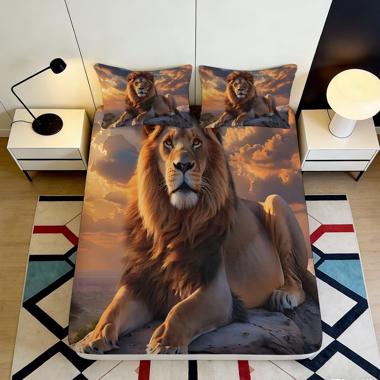 3D Printed Lion Sunset Fitted Sheet Microfiber Durable Soft 3D Printed Lion Clouds Mattress Cover for Bedroom Dormitory Guest Room Protection 160x200x25cm