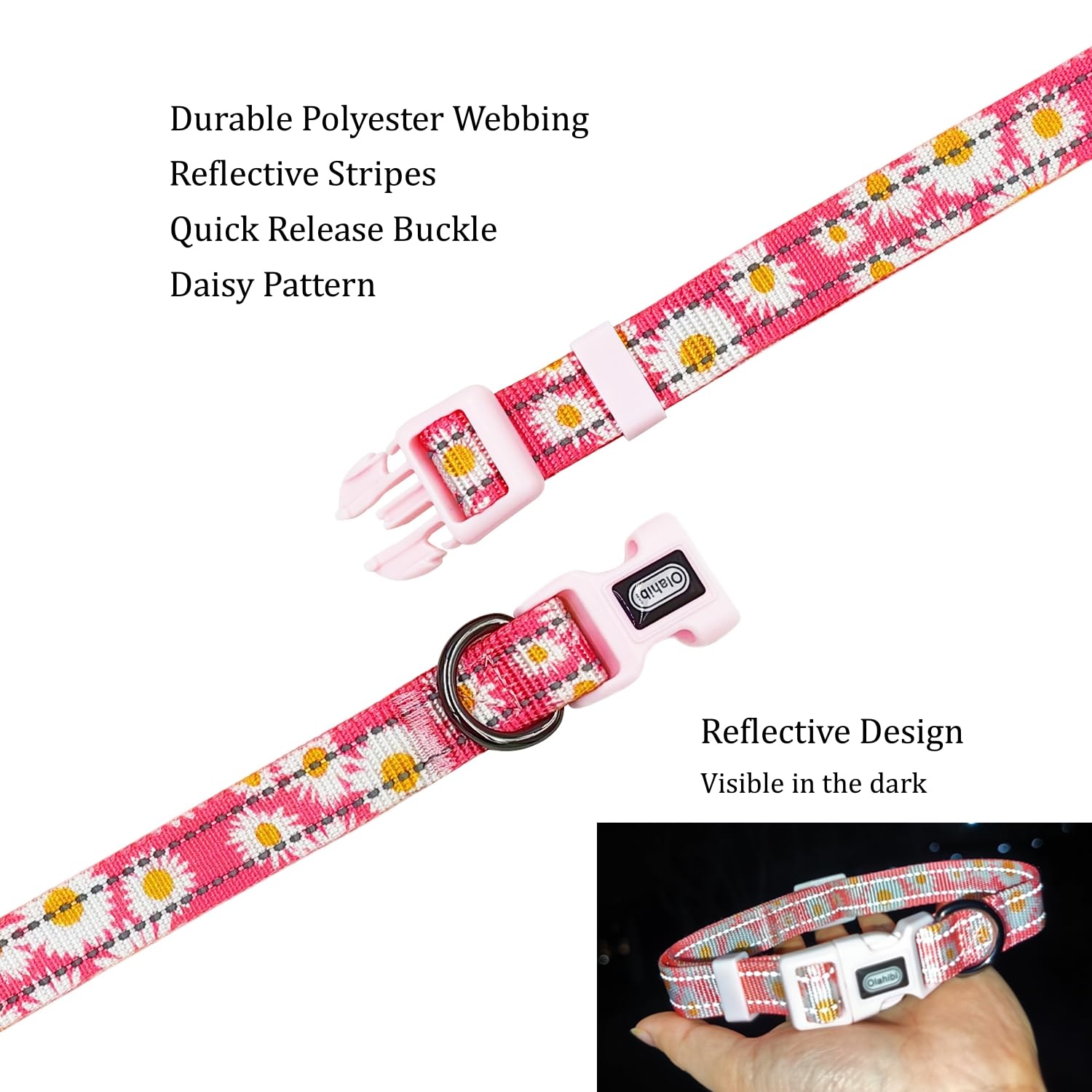 Olahibi Dog Collar and Leash Combo Set, Cute Daisy Pattern, Polyester Material, with Reflective Stripes, 150CM Leash - Image 4