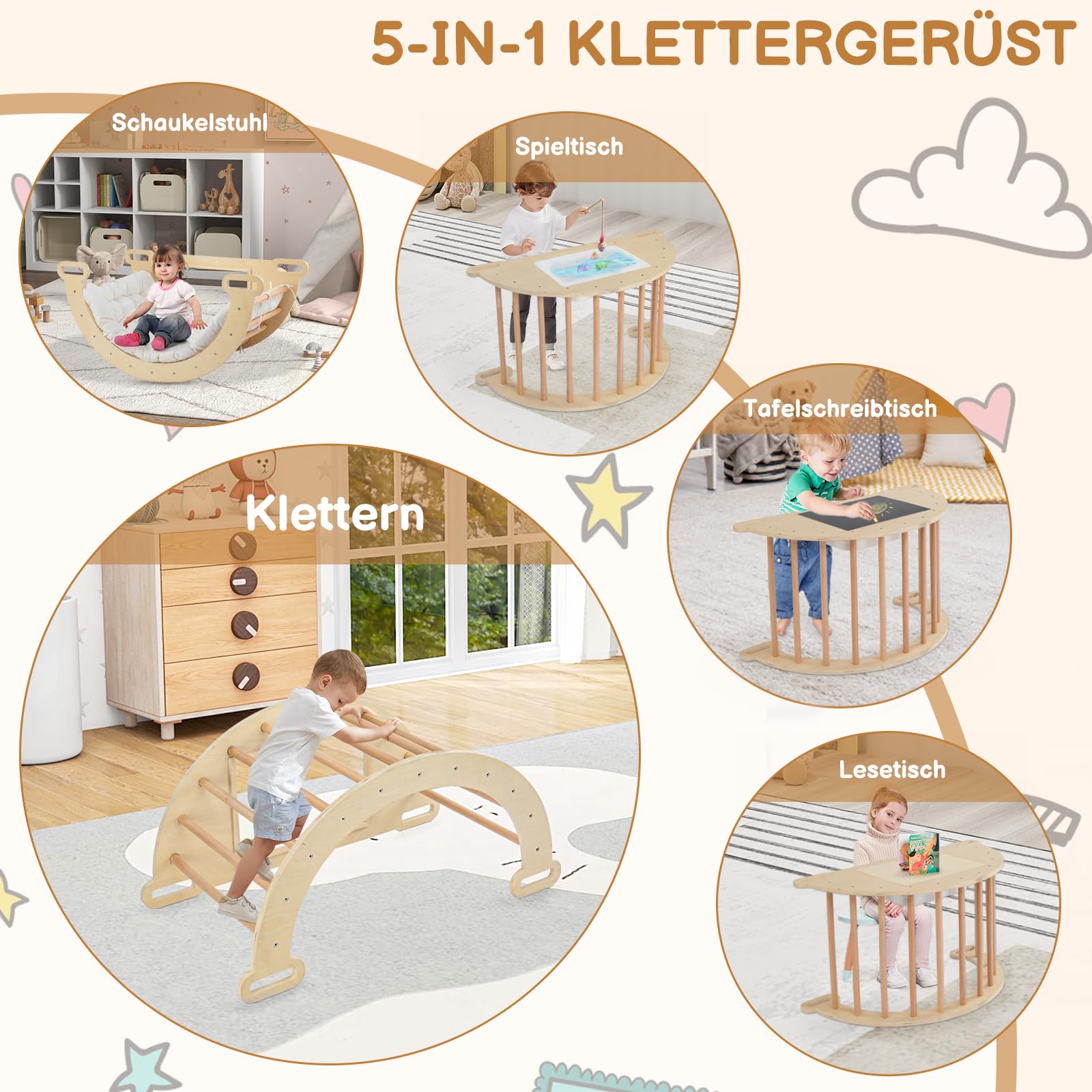 LEADZM 5-in-1 Kletterbogen für Kinder, Schaukelstuhl mit Kissen und Sensoriktisch, Montessori-Kletterspielzeug mit faltbarem Ablagebecken und Tafel, Motorik-Spielzentrum für Babys