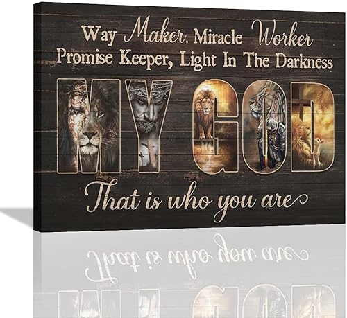 Arte de pared de Jesús Jesús religioso Jesús, decoración de pared, cruz de león y cordero, lienzo impreso con citas cristianas, decoración de pared