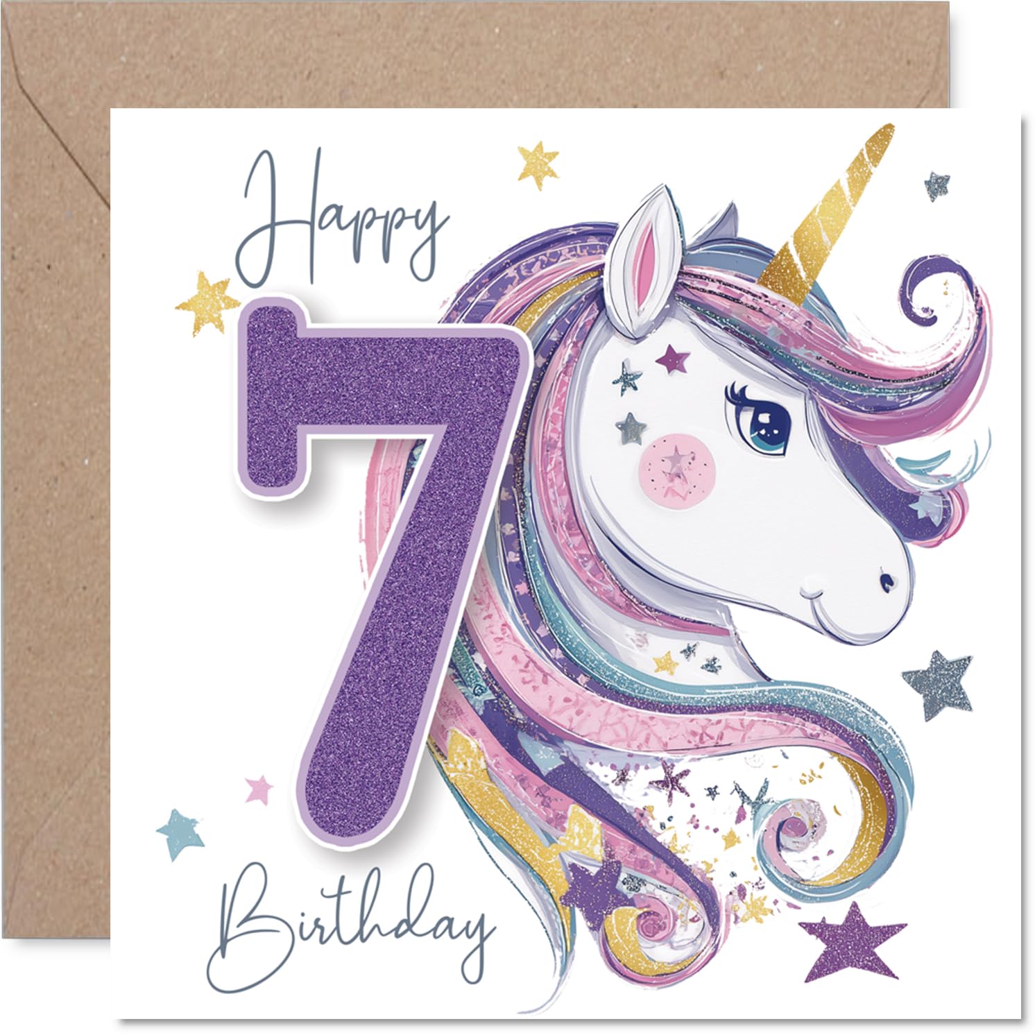 Cute 7th Birthday Card - Magical Seventh Birthday Wishes - Whimsical Unicorn and Glittery Gold 7 with Pink, Purple and Star Accents - 145mm Square, Envelope Included