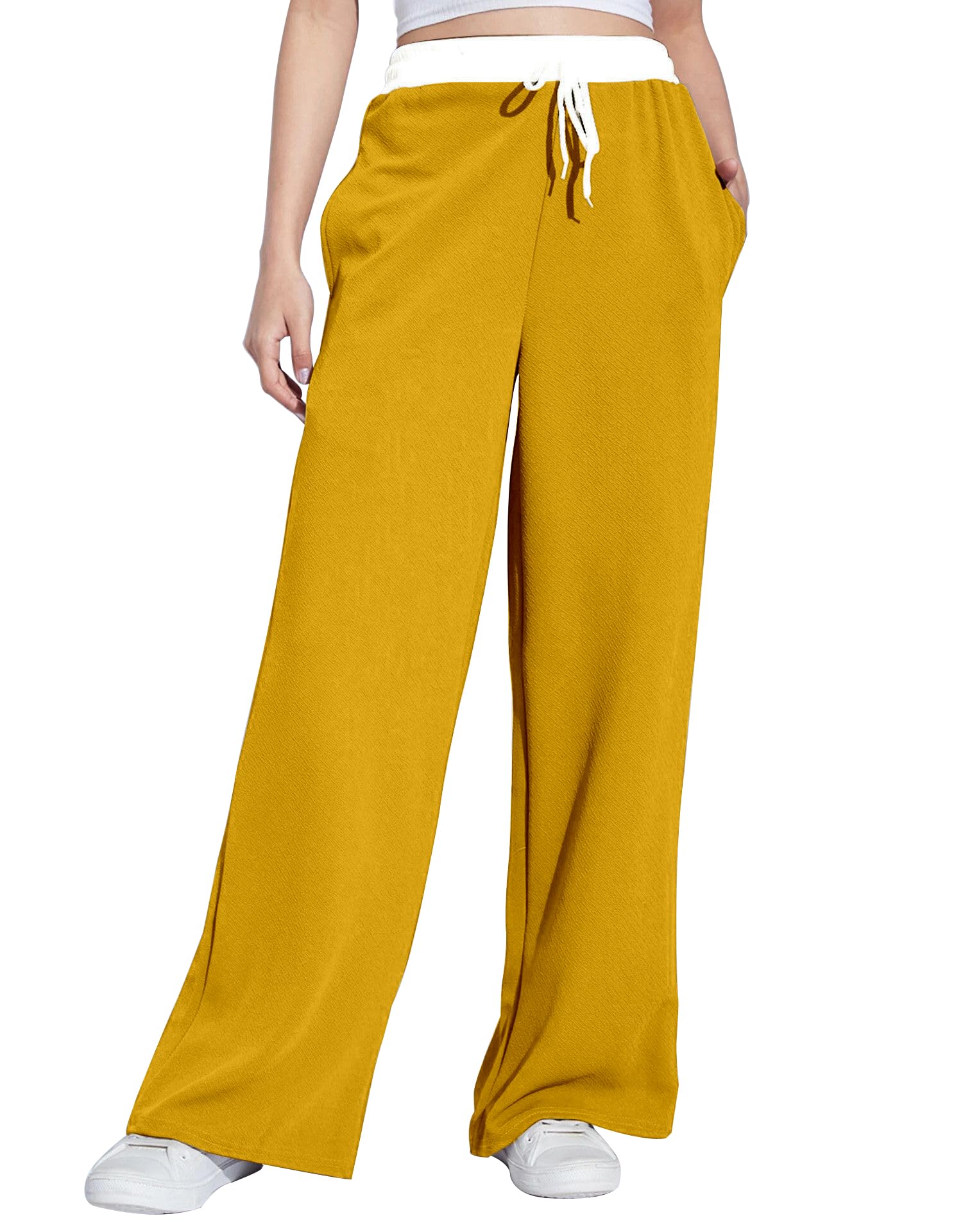 Wide Leg Drawstring Pants, with Contrast Waist Band || Casual Lounge Wear Side with Pockets, High Waisted, Relaxed Fit Trouser for Women