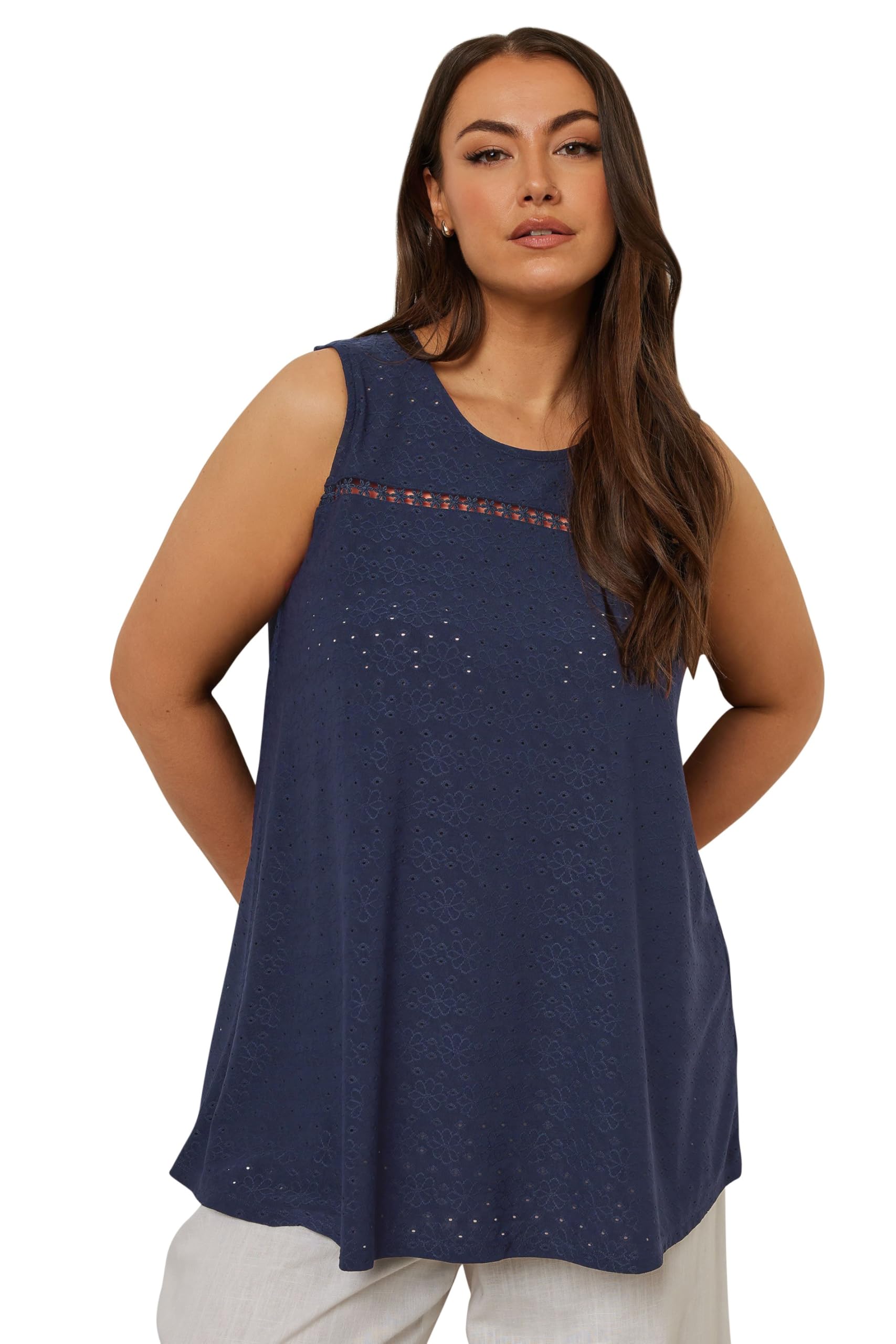 Yours Women's Navy Curve Blue Floral Broderie Anglaise Vest Top - Plus Curve 26-28 Plus