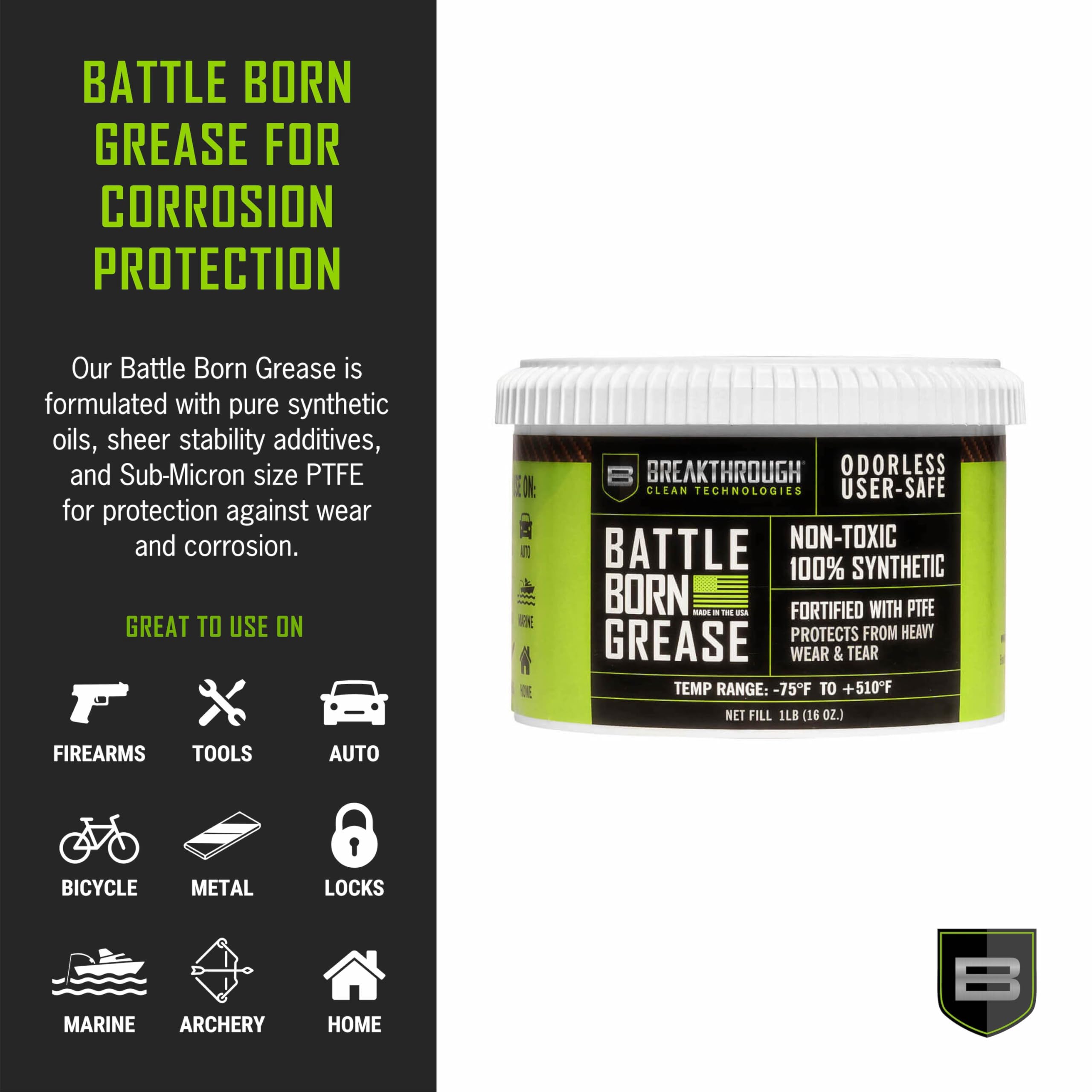 Breakthrough Clean Battle Born Gun Grease - Gun Lubricant Fortified with PTFE - Rust and Corrosion Protection - 1lb Tub