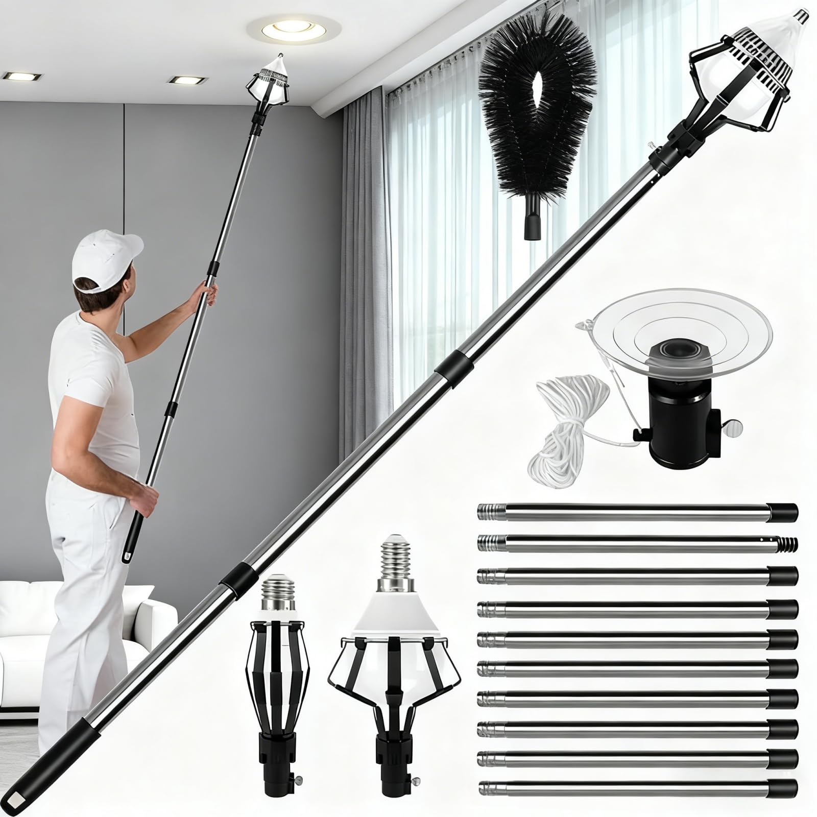 Photo 1 of 13fT Light Bulb Changer Pole for High Ceilings Tall Lightbulb Remover Tool High Ceiling,Light Extension Stick Chandelier Changer-Broken Bulb Extractor Tool with Cleaning Brush Head