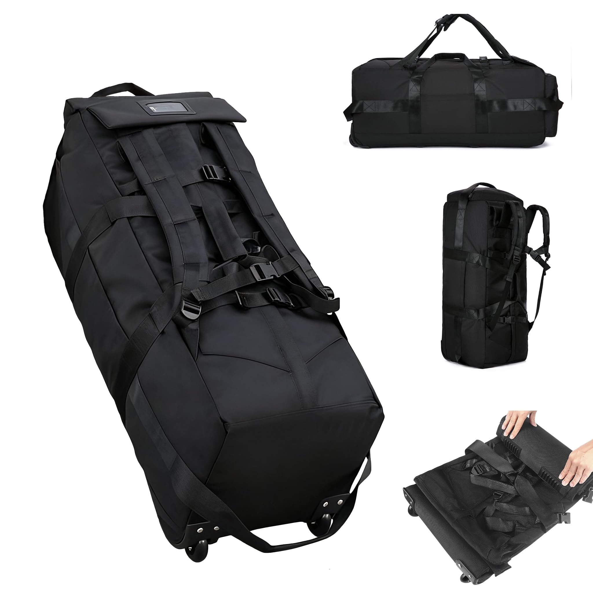 Bolsa de viaje plegable con ruedas, tamaño grande, 80 L, 3 en 1, mochila de equipaje de mano, maleta, 80 x 30 x 33 cm, resistente al agua, bolsa Oxford con 2 ruedas, color negro