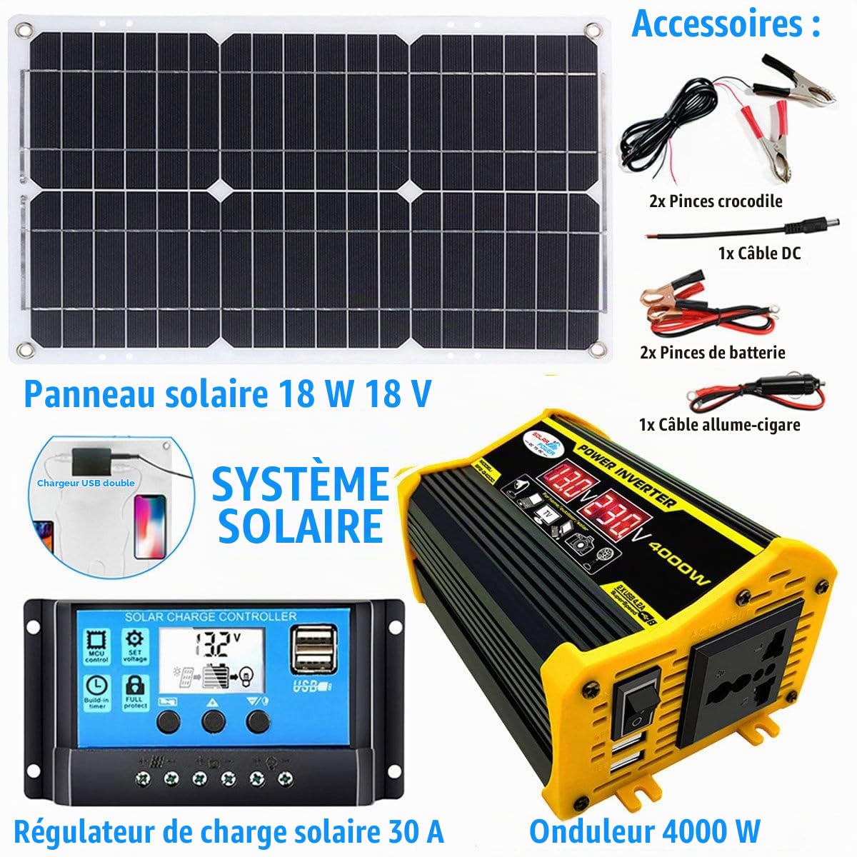 Kit Panneau Solaire Camping Car 400 W, Panneau Solaire Flexible 18W18V + Contrôleur 30 a + Onduleur, pour Camping-Car, Bateau, Tente, Voiture, Remorque Black-220V