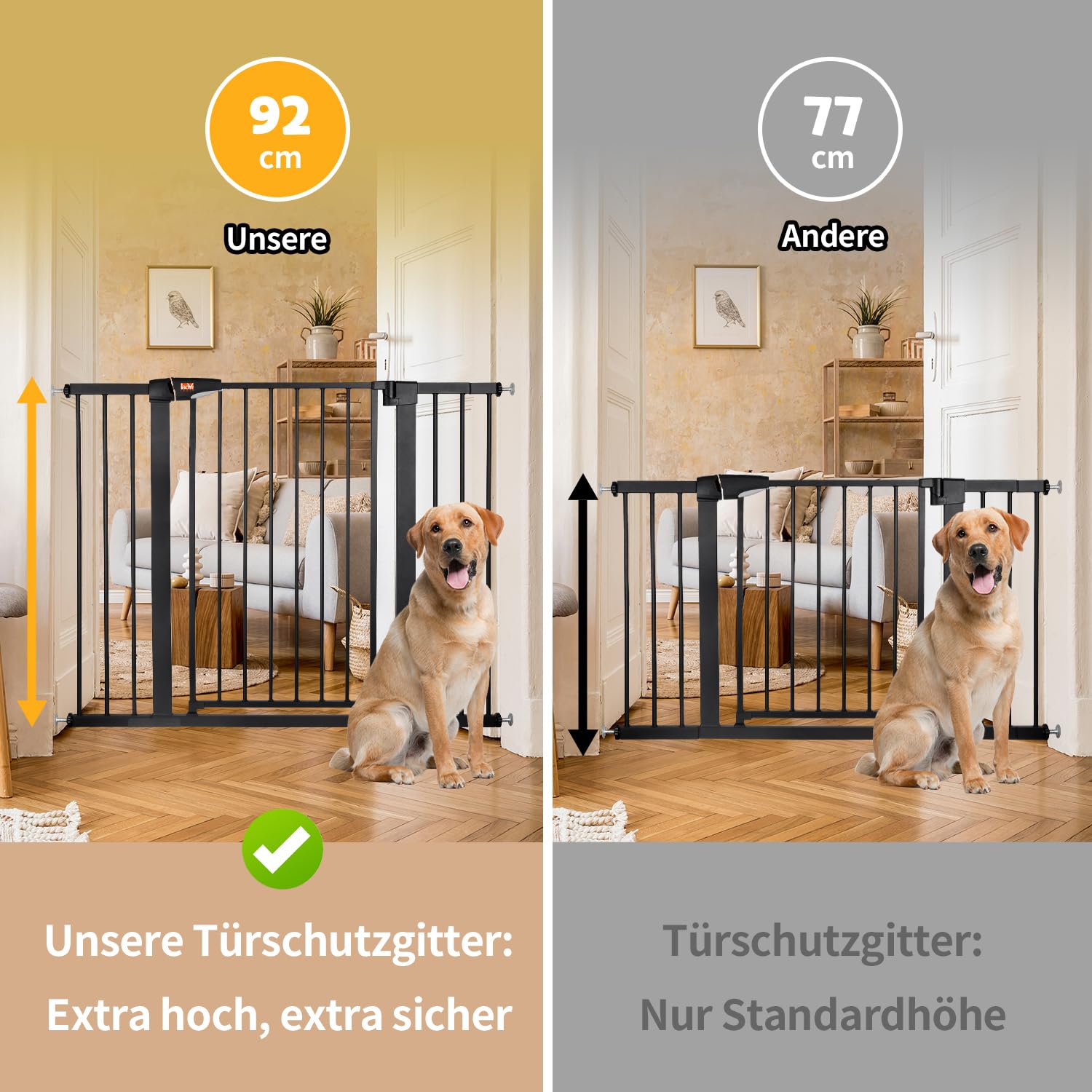 LAOYE Treppenschutzgitter ohne Bohren, Extra Hoch 92 cm, 75-124 cm, mit 3 Verlängerungen, Auto-Close & 90° Stopp - Schwarz
