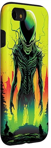 Vista 33 de iPhone 14 Pro Max Cute Green Alien Head UFO Space Face Alien Case