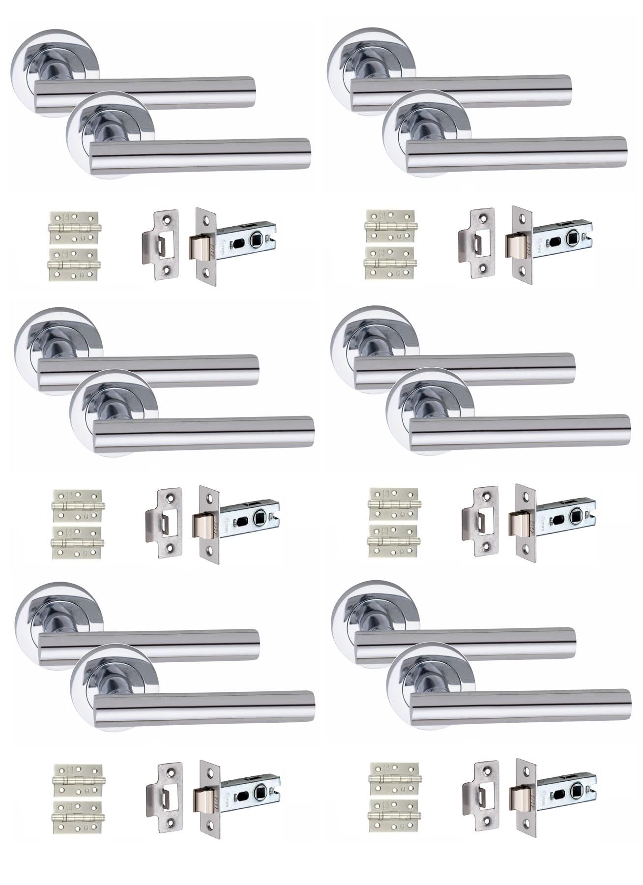 Golden Grace 6 Set Straight T-Bar Design Door Handles with Tubular Latch and 1 Pair of 3" Ball Bearing Hinges Polished Chrome Finish โ image 1