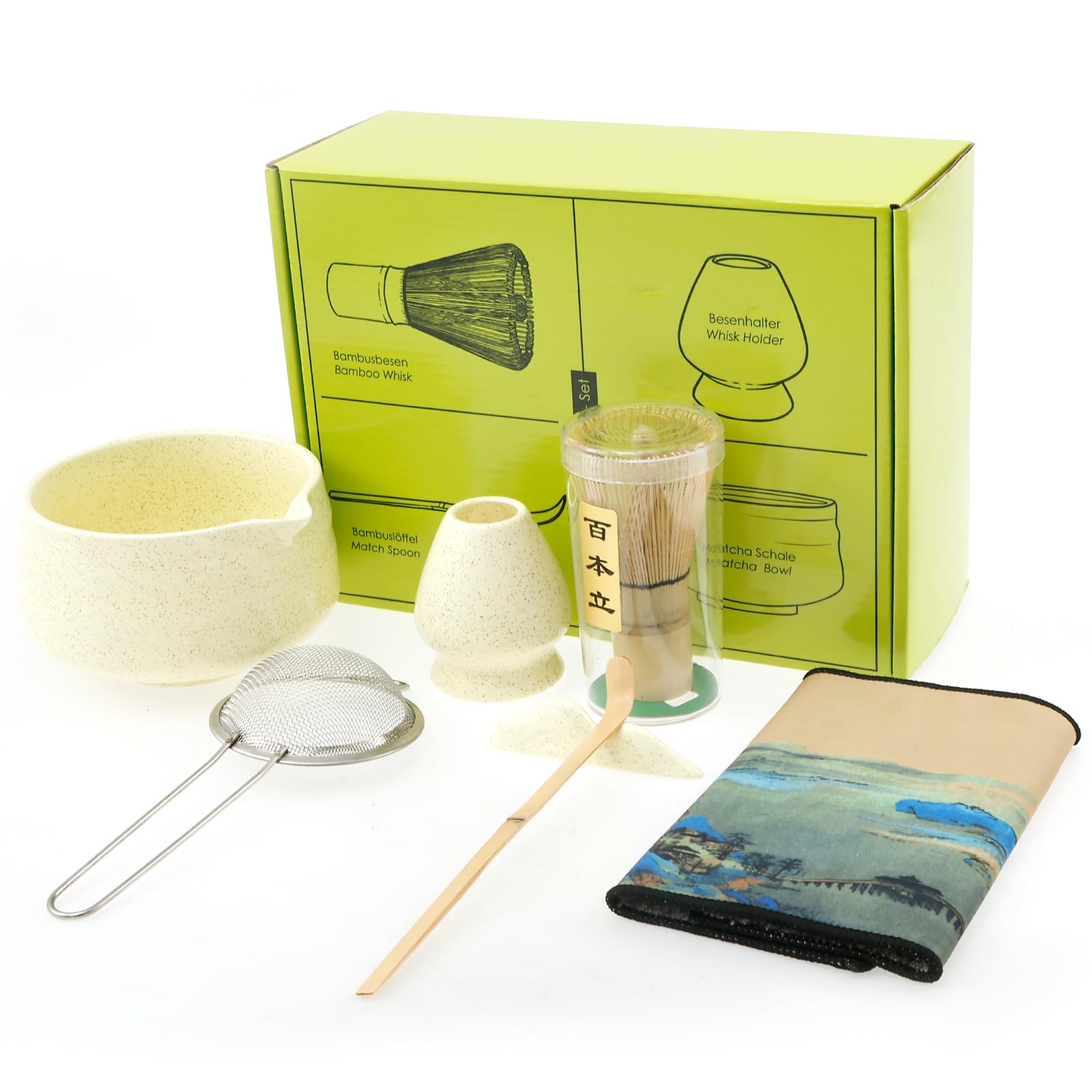 Matcha Whisk Set Includes Bowl, Easy to Clean Exquisite Matcha Bowl Whisk Holder Kit Sturdy Japanese Tea Complete Kit for Present(Sprayed yellow)
