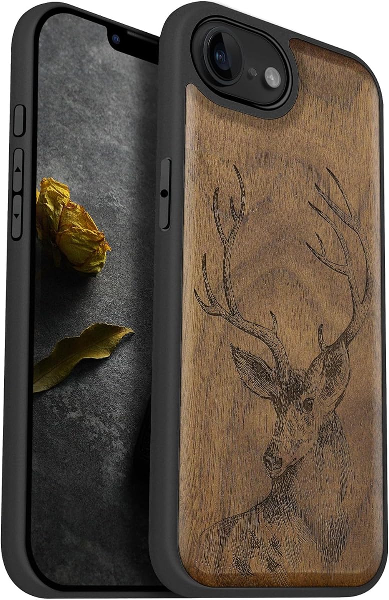 Funda de madera Carveit para iPhone 16e/17e, cabeza de ciervo, nogal | Funda magnética para iPhone 16e/17e compatible con cargadores inalámbricos MagSafe, madera grabada con parachoques suave de TPU a prueba de golpes