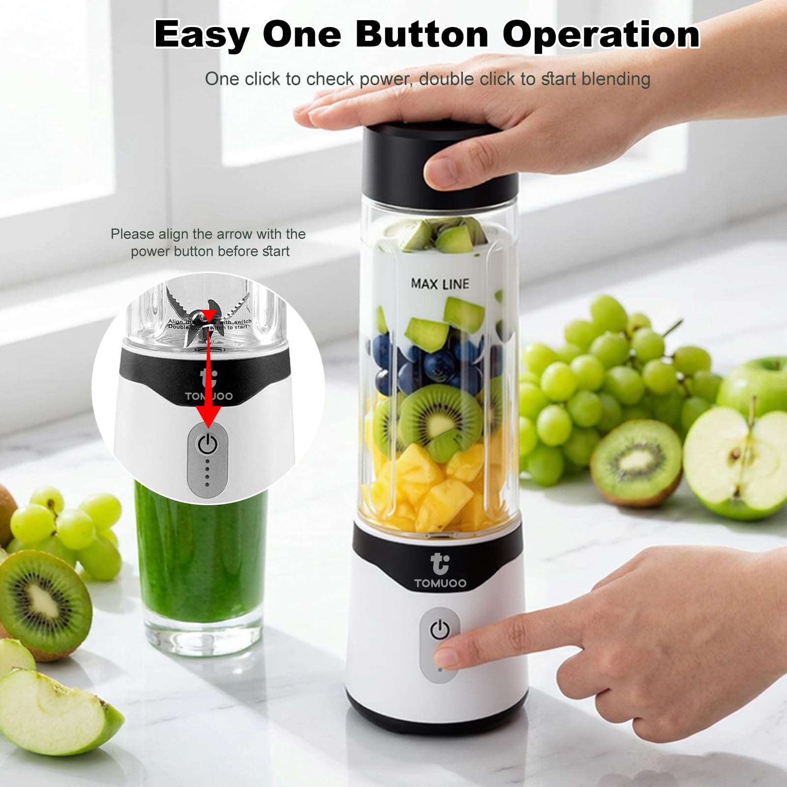 Mini Frullatore portatile per smoothie e frappè, 520ml con coperchio, nero | Frullatore personale senza BPA con 6 lame e funzione di ricarica USB-C, frullatore ricaricabile per viaggi, sport e cucina