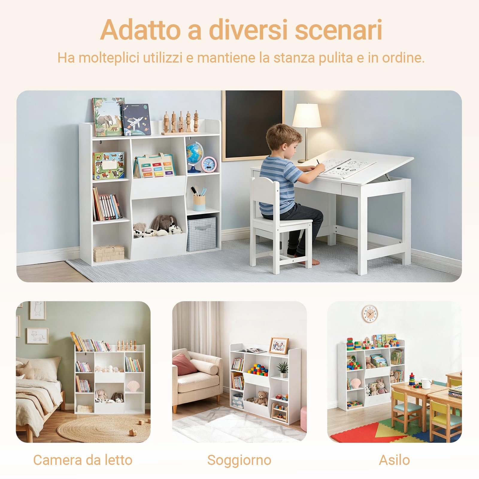 SoBuy Libreria Montessoriana per Bambini - Scaffale Portagiochi con 8 Scomparti Aperti - Libreria da Terra per Cameretta 106x30x104 cm Bianco KMB55-W